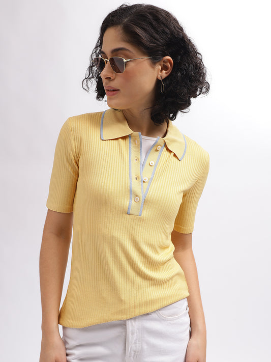 Gant Women Yellow Solid Polo Collar Short Sleeves T-Shirt
