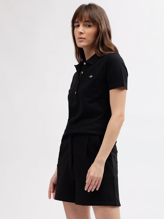 Gant Women Black Solid Polo Collar Short Sleeves T-shirt