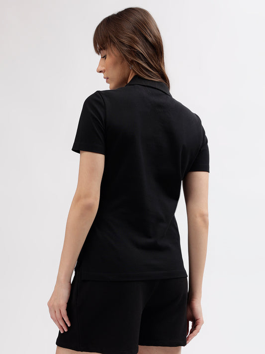 Gant Women Black Solid Polo Collar Short Sleeves T-shirt