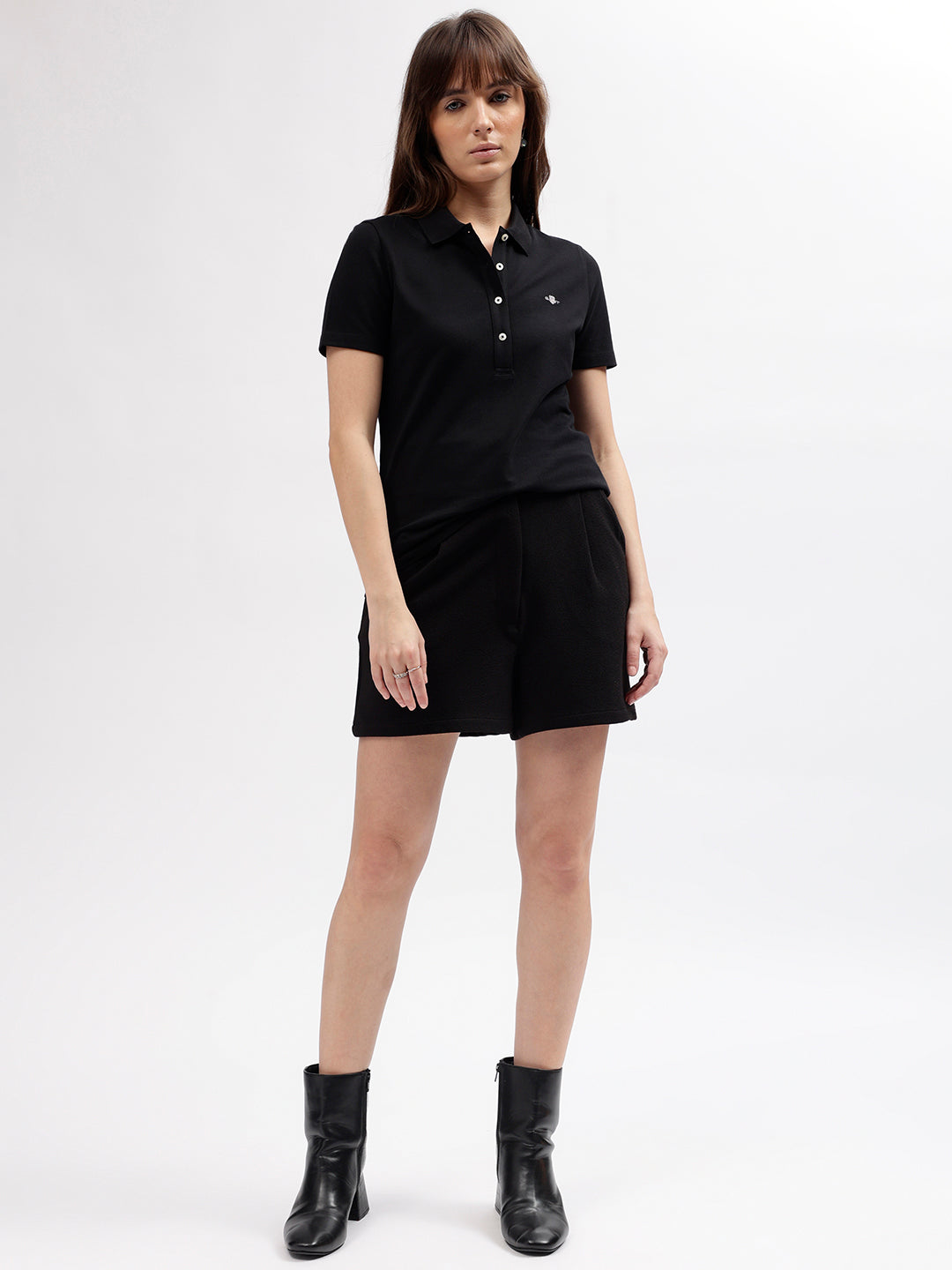 Gant Women Black Solid Polo Collar Short Sleeves T-shirt