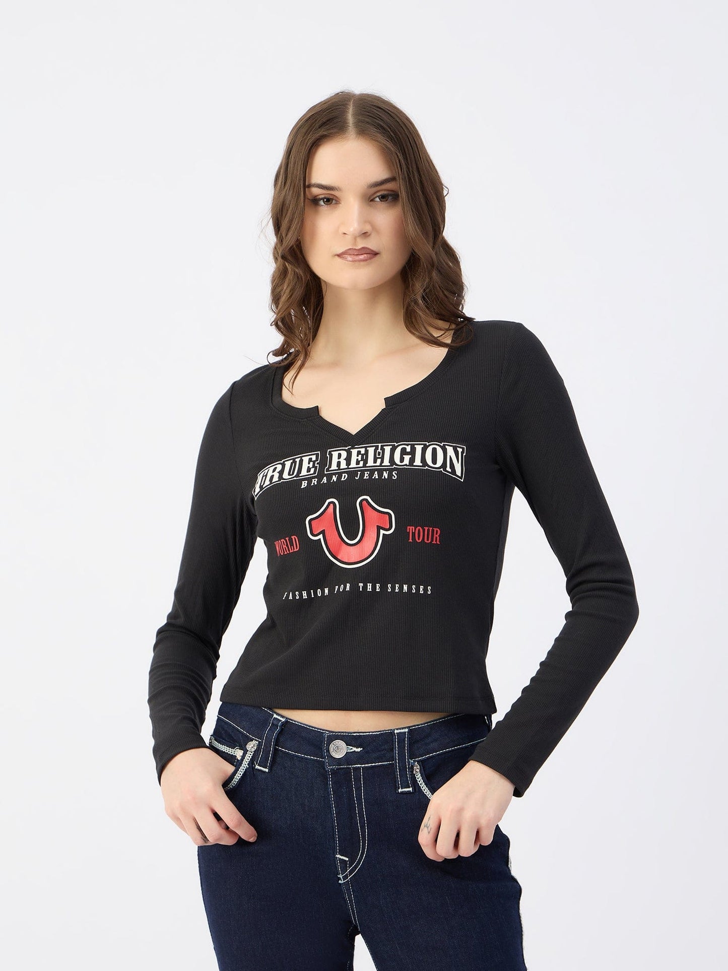 True Religion Women Black Notch Neck Tshirt
