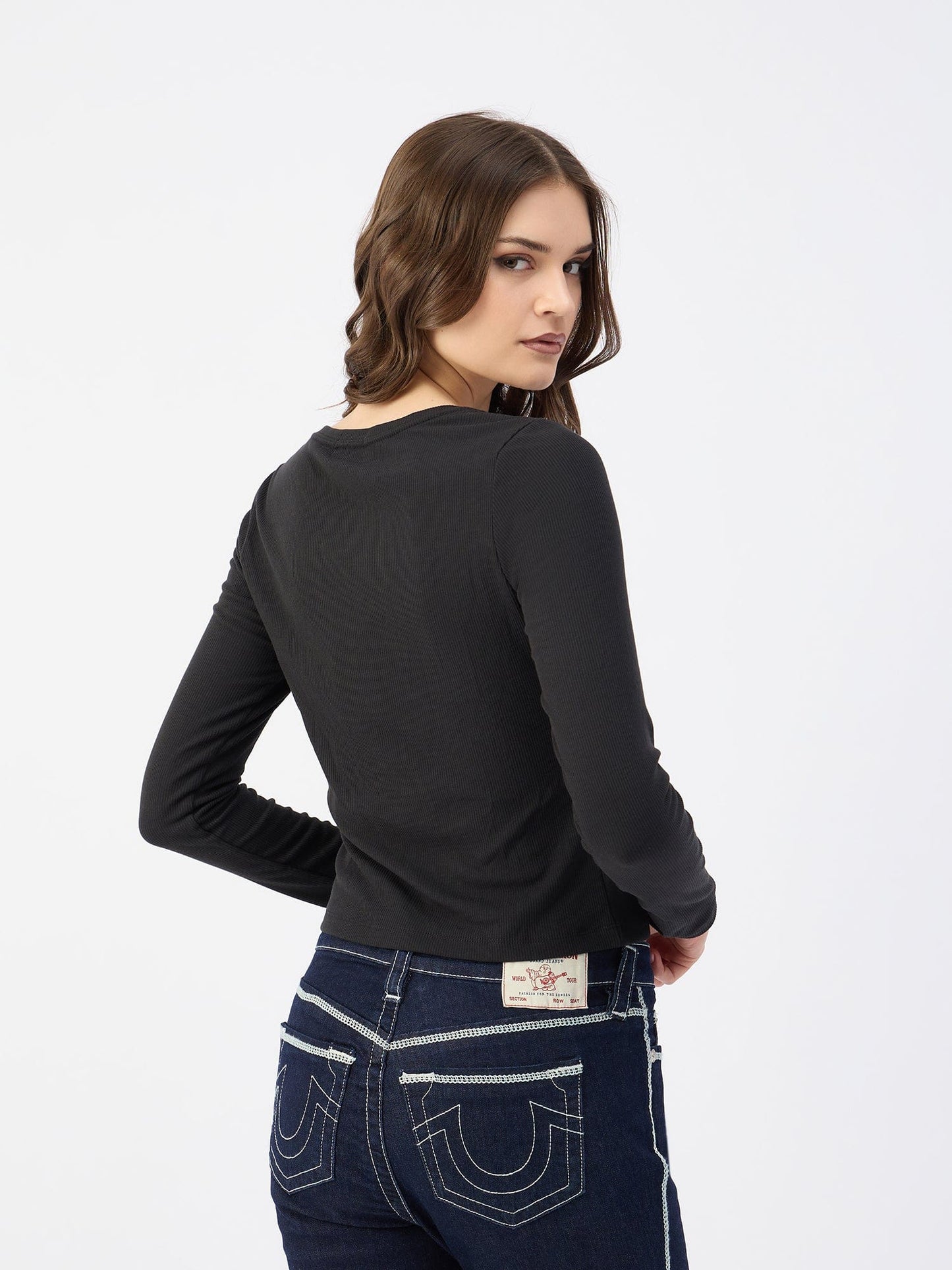 True Religion Women Black Notch Neck Tshirt