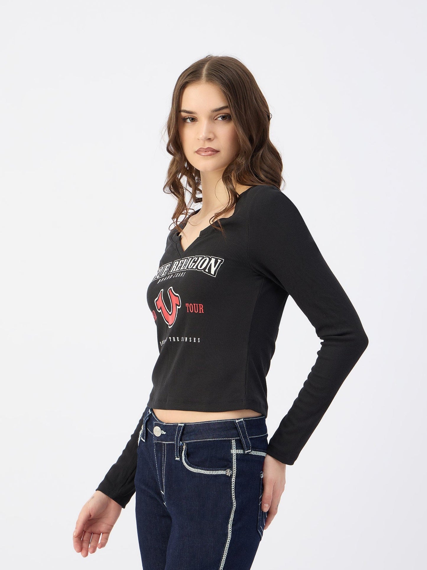 True Religion Women Black Notch Neck Tshirt
