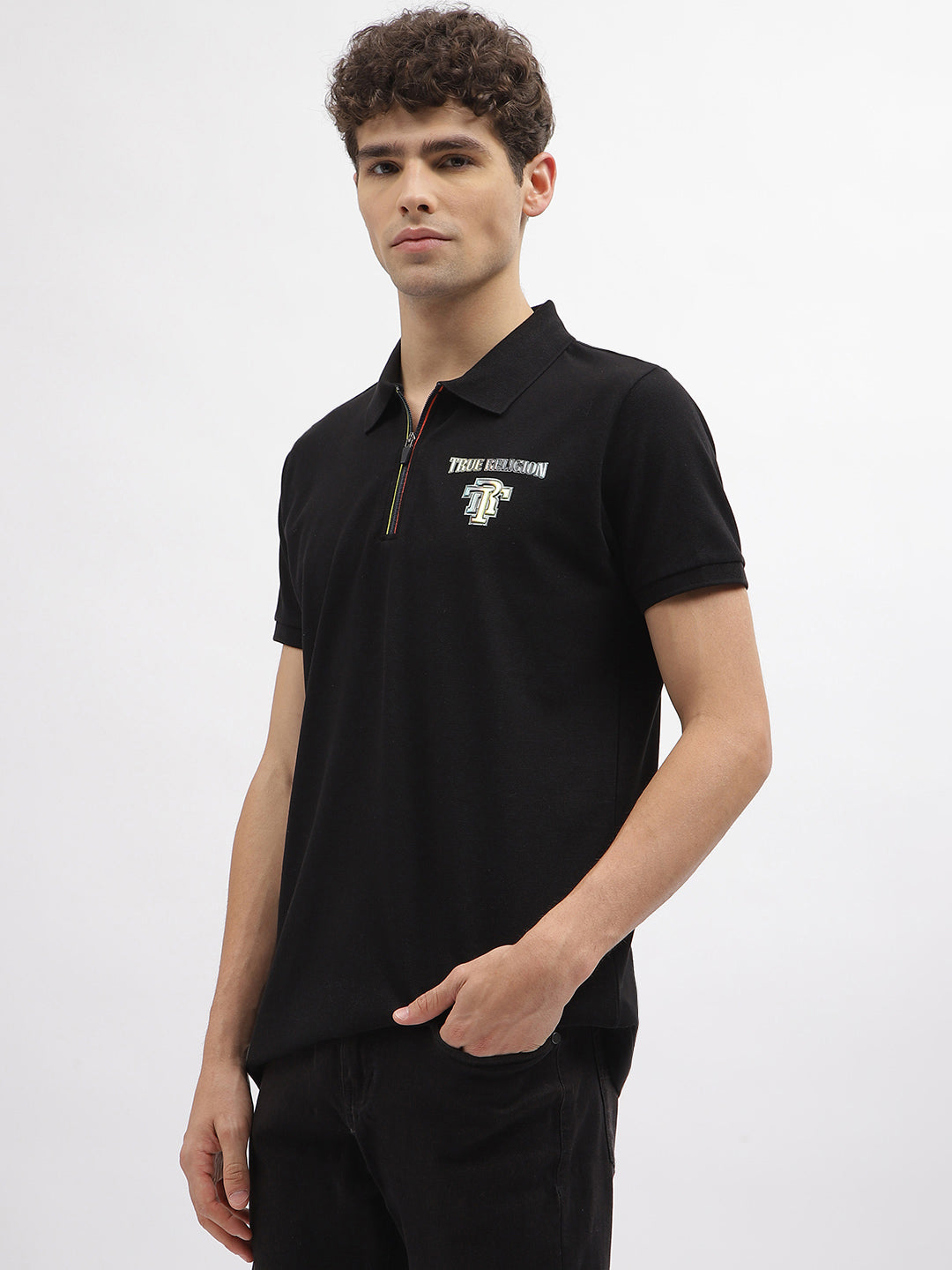 True Religion Men Black Solid Polo Collar Short Sleeves T-Shirt