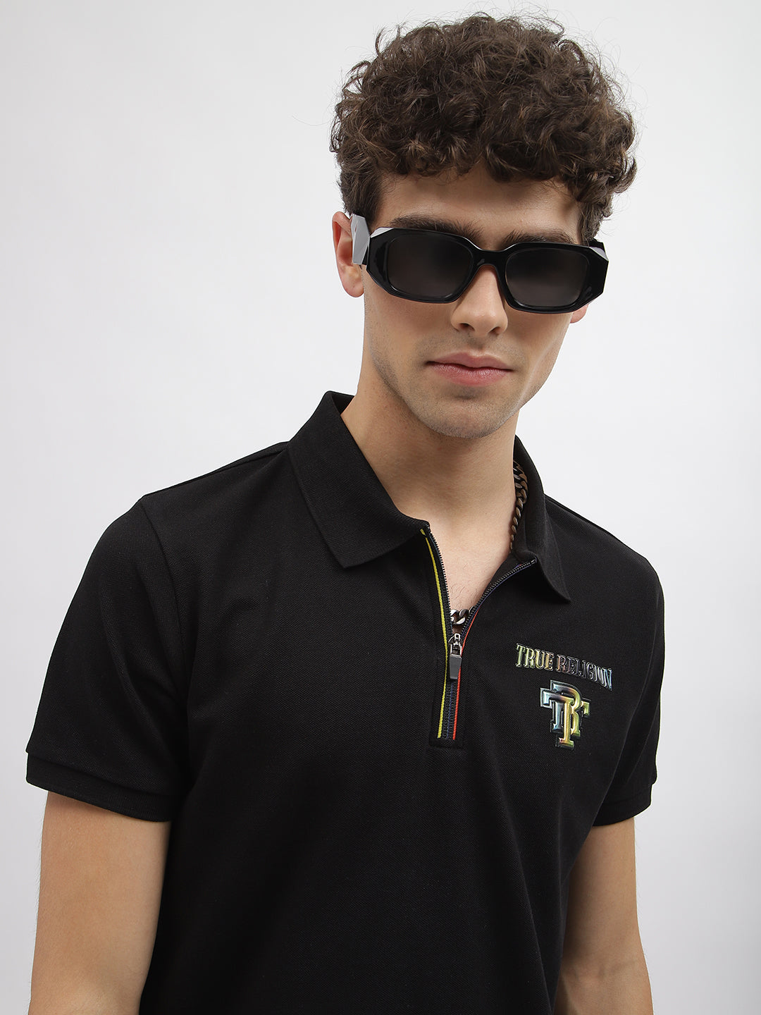 True Religion Men Black Solid Polo Collar Short Sleeves T-Shirt