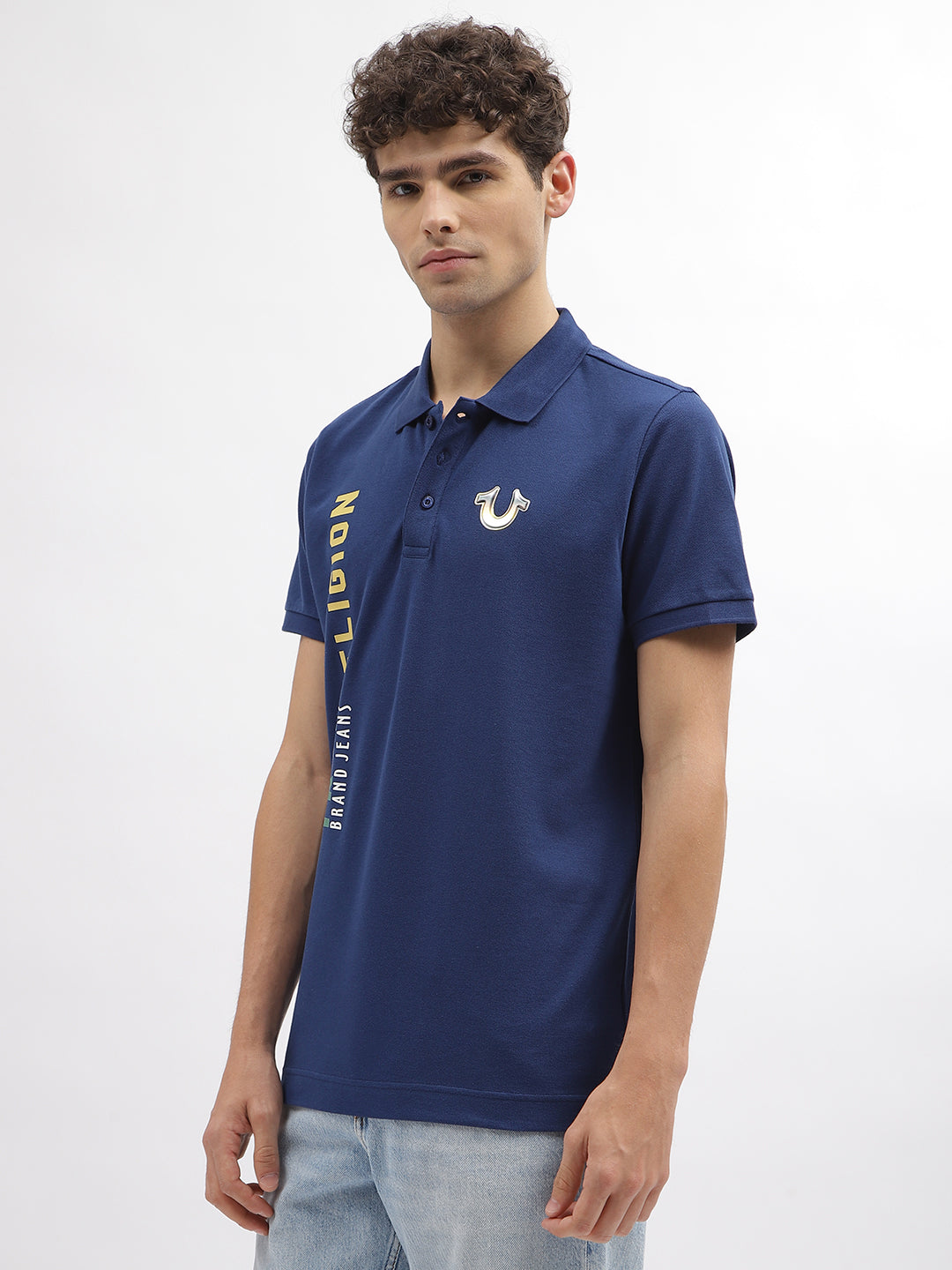 True Religion Men Blue Printed Polo Collar Short Sleeves T-Shirt