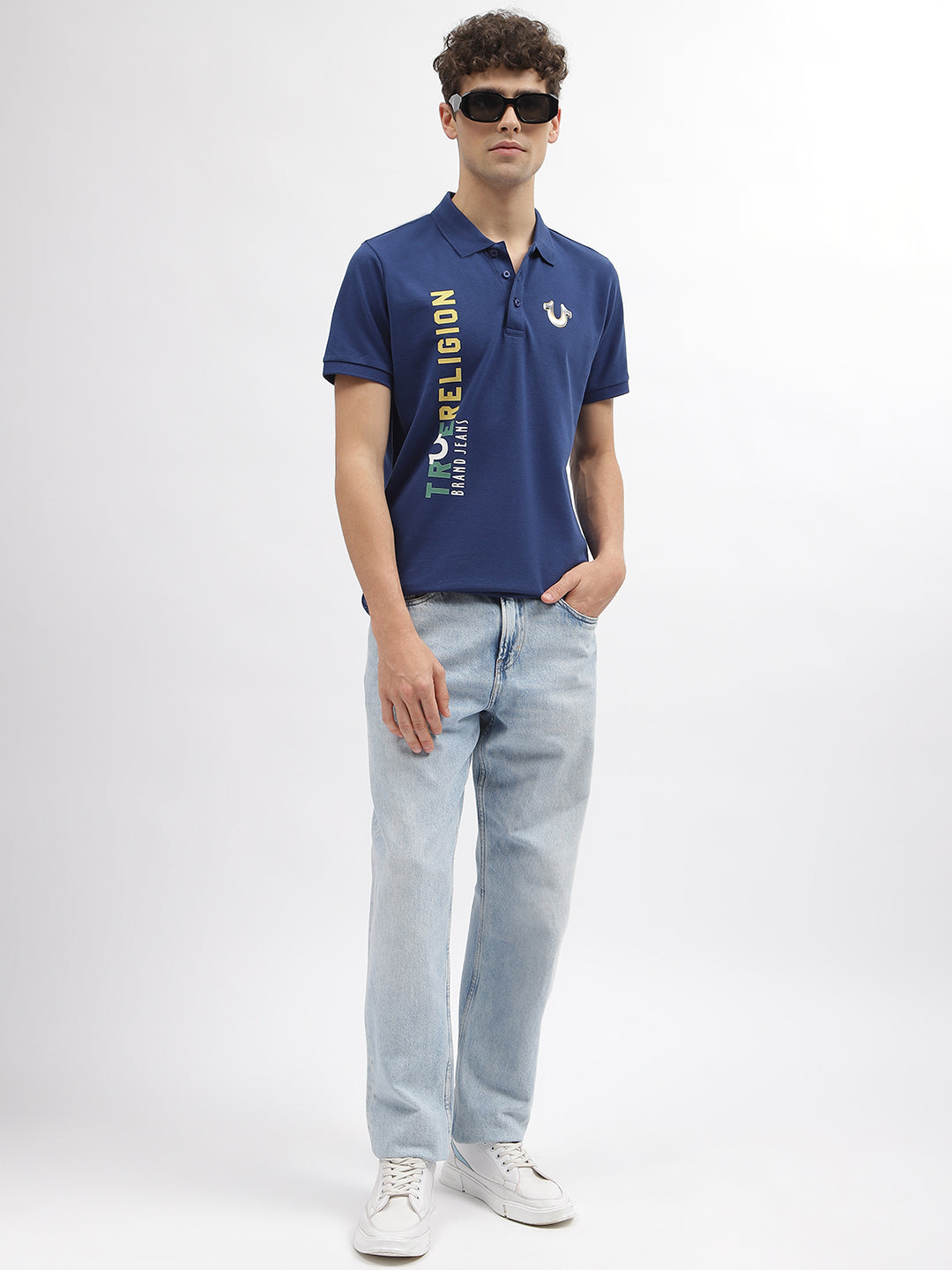 True Religion Men Blue Printed Polo Collar Short Sleeves T-Shirt