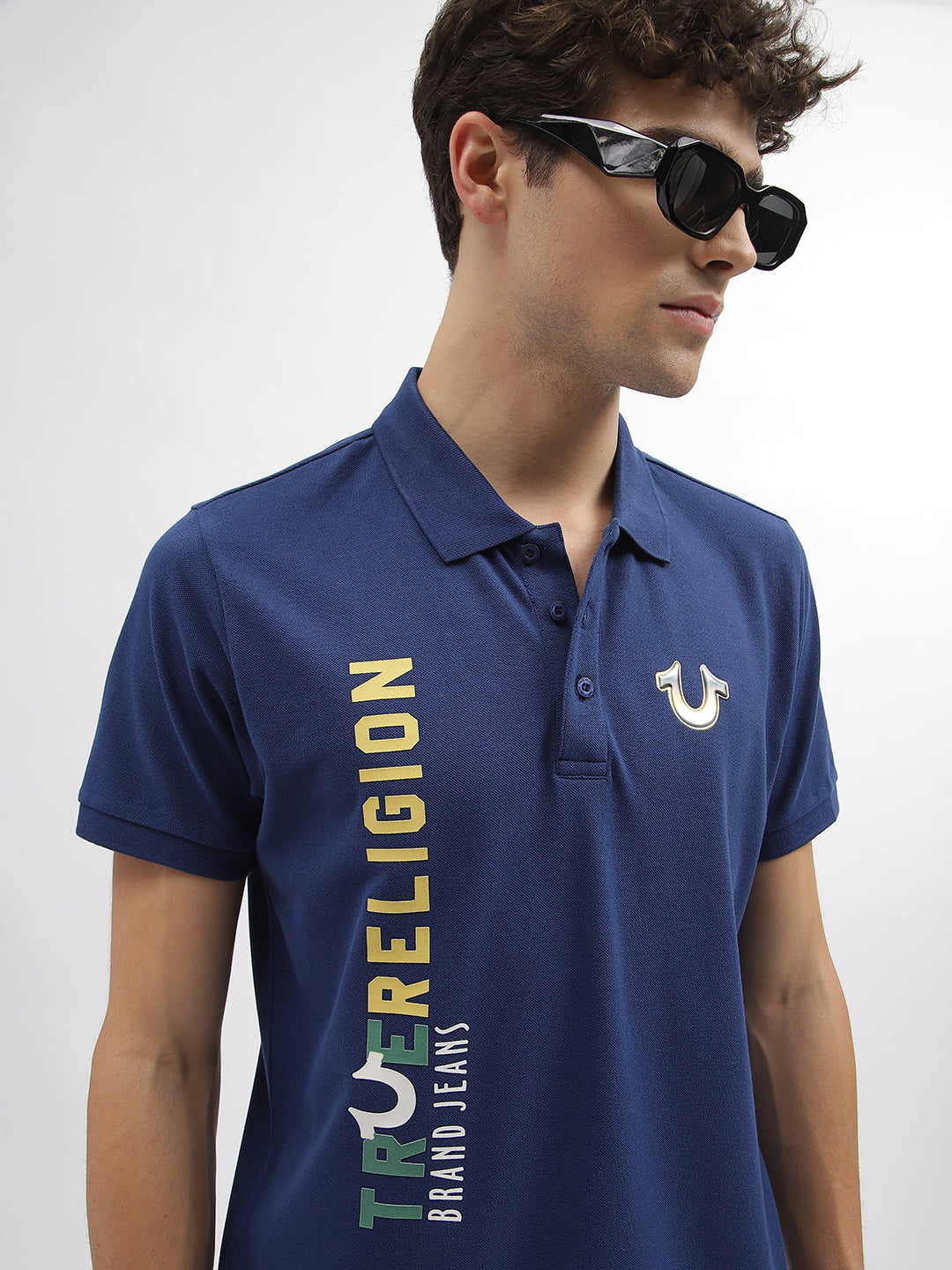 True Religion Men Blue Printed Polo Collar Short Sleeves T-Shirt