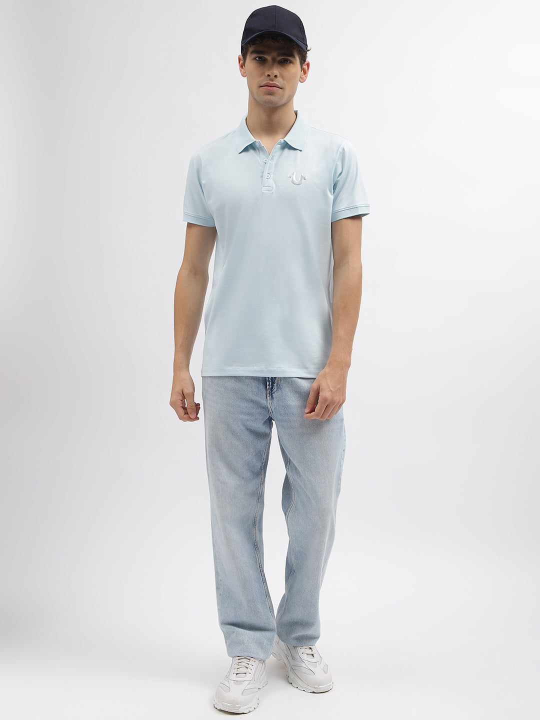 True Religion Men Blue Solid Polo Collar Short Sleeves T-Shirt