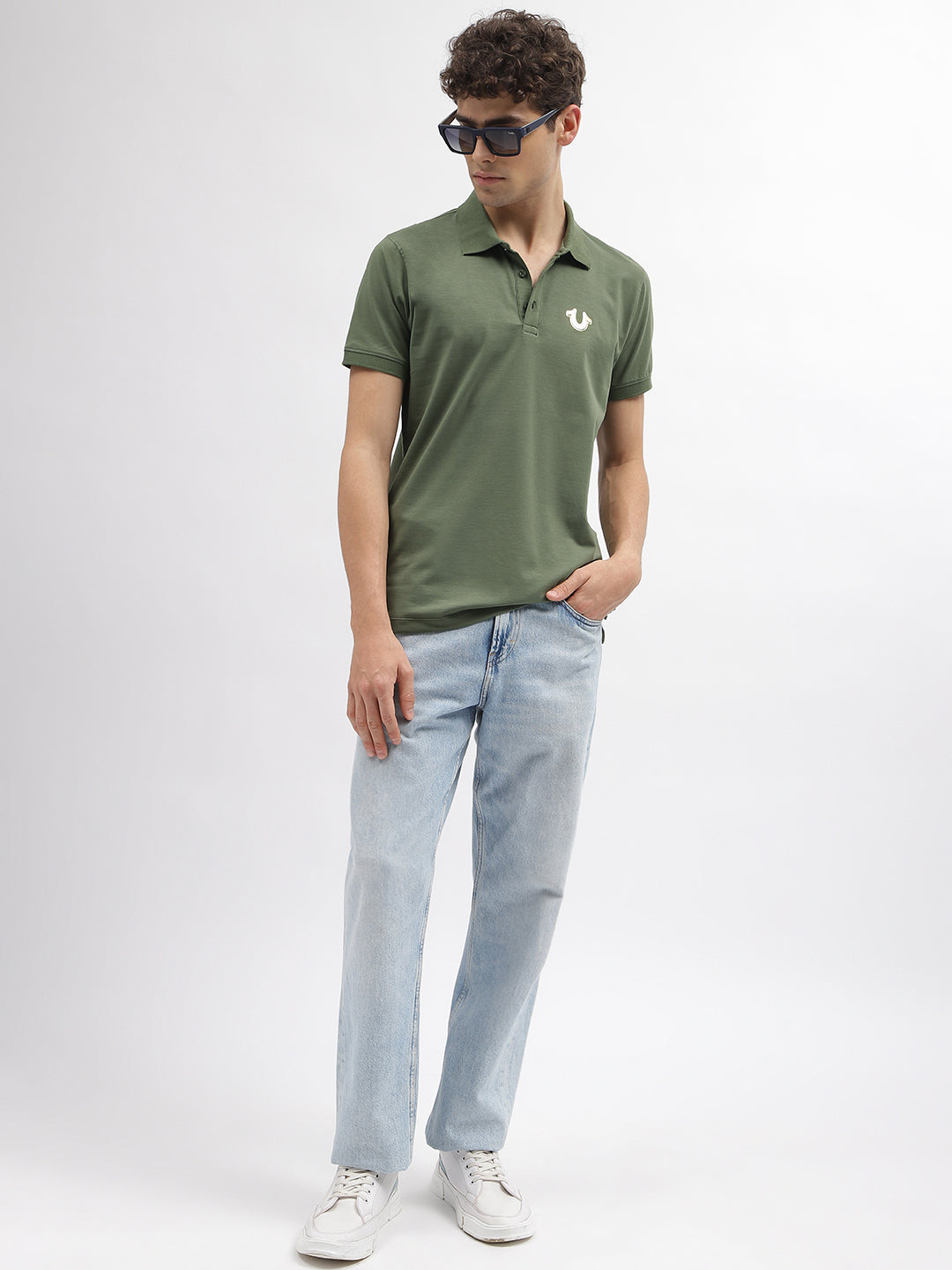 True Religion Men Green Solid Polo Collar Short Sleeves T-Shirt