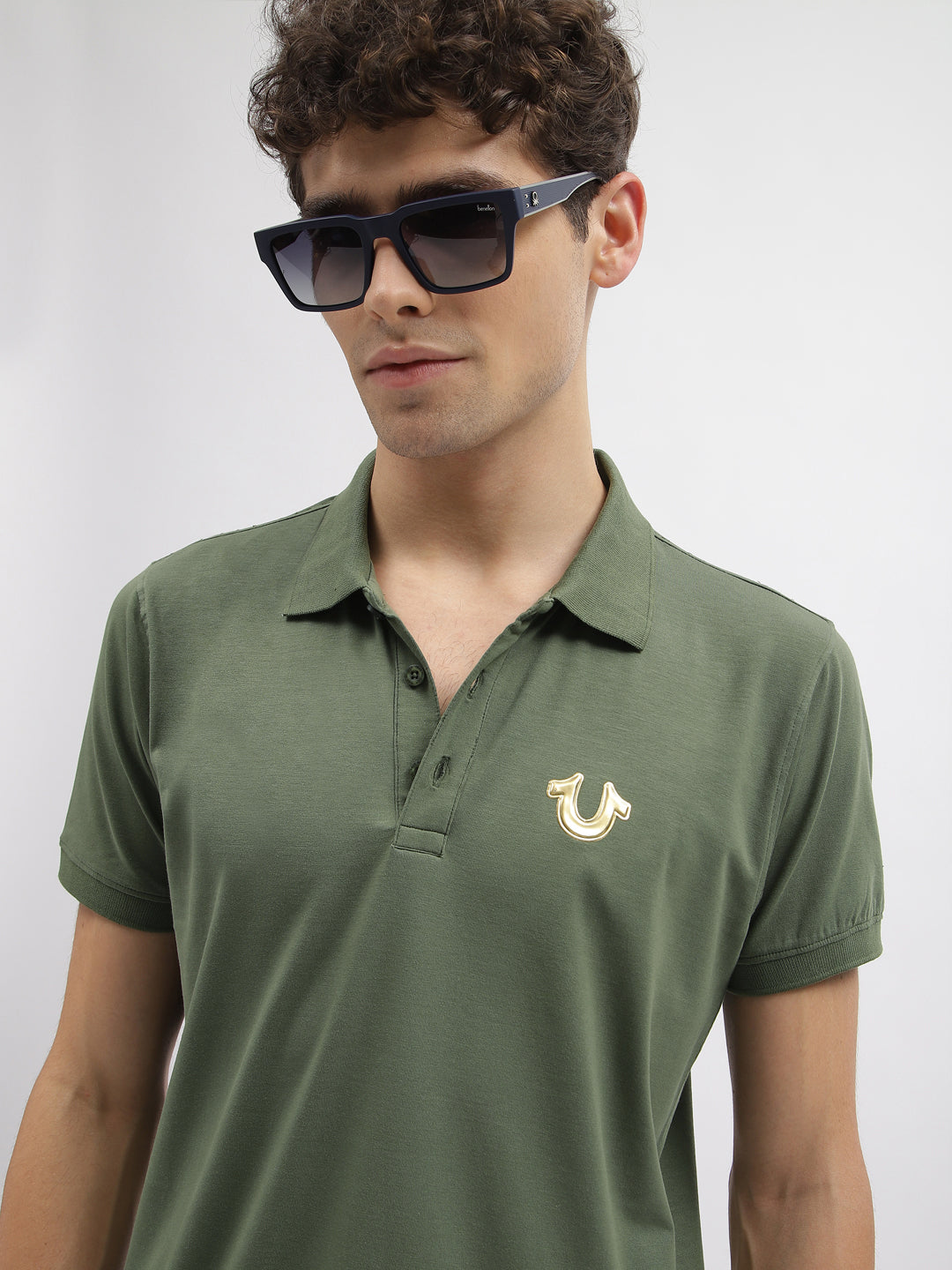 True Religion Men Green Solid Polo Collar Short Sleeves T-Shirt