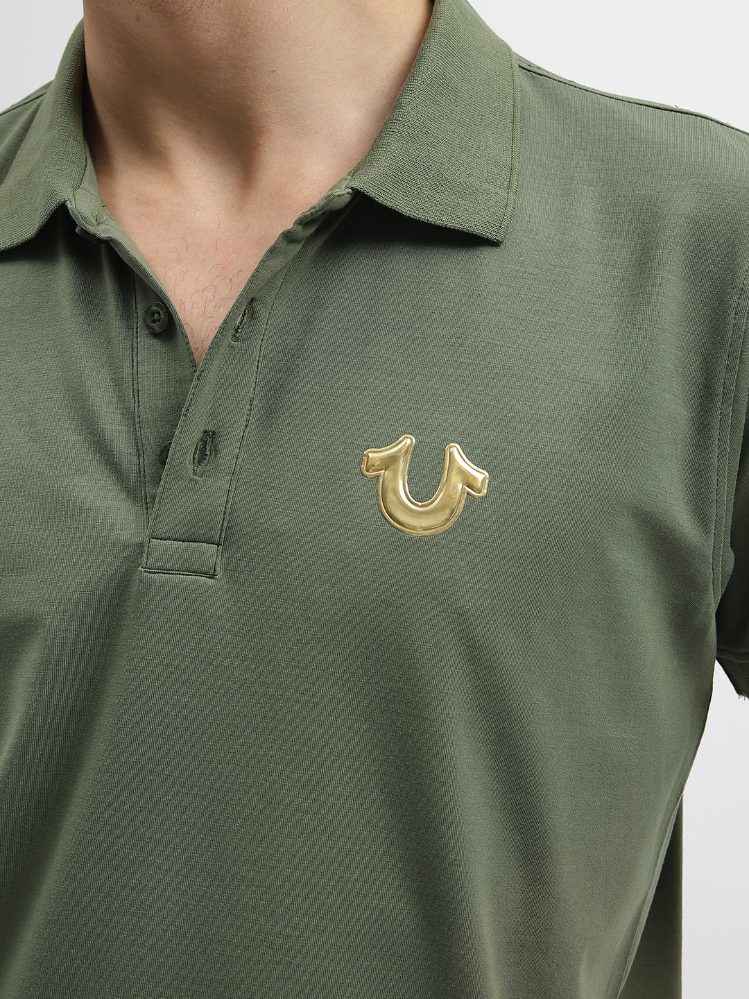 True Religion Men Green Solid Polo Collar Short Sleeves T-Shirt