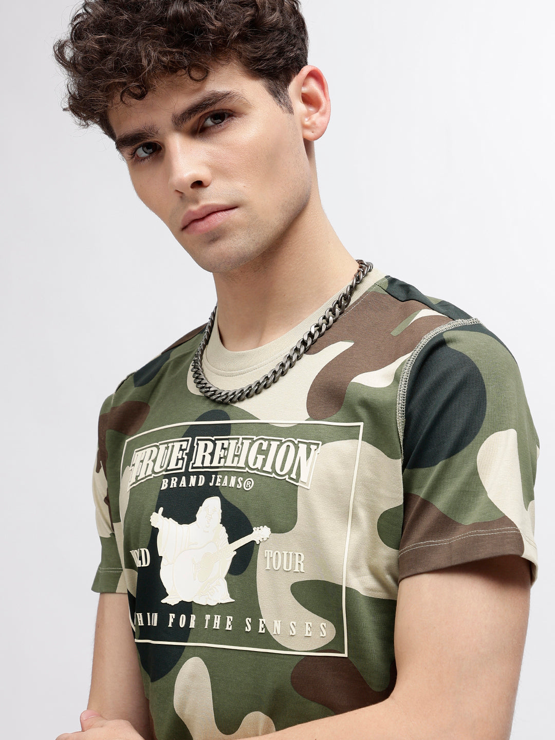 True Religion Men Green Printed Round Neck Short Sleeves T-Shirt