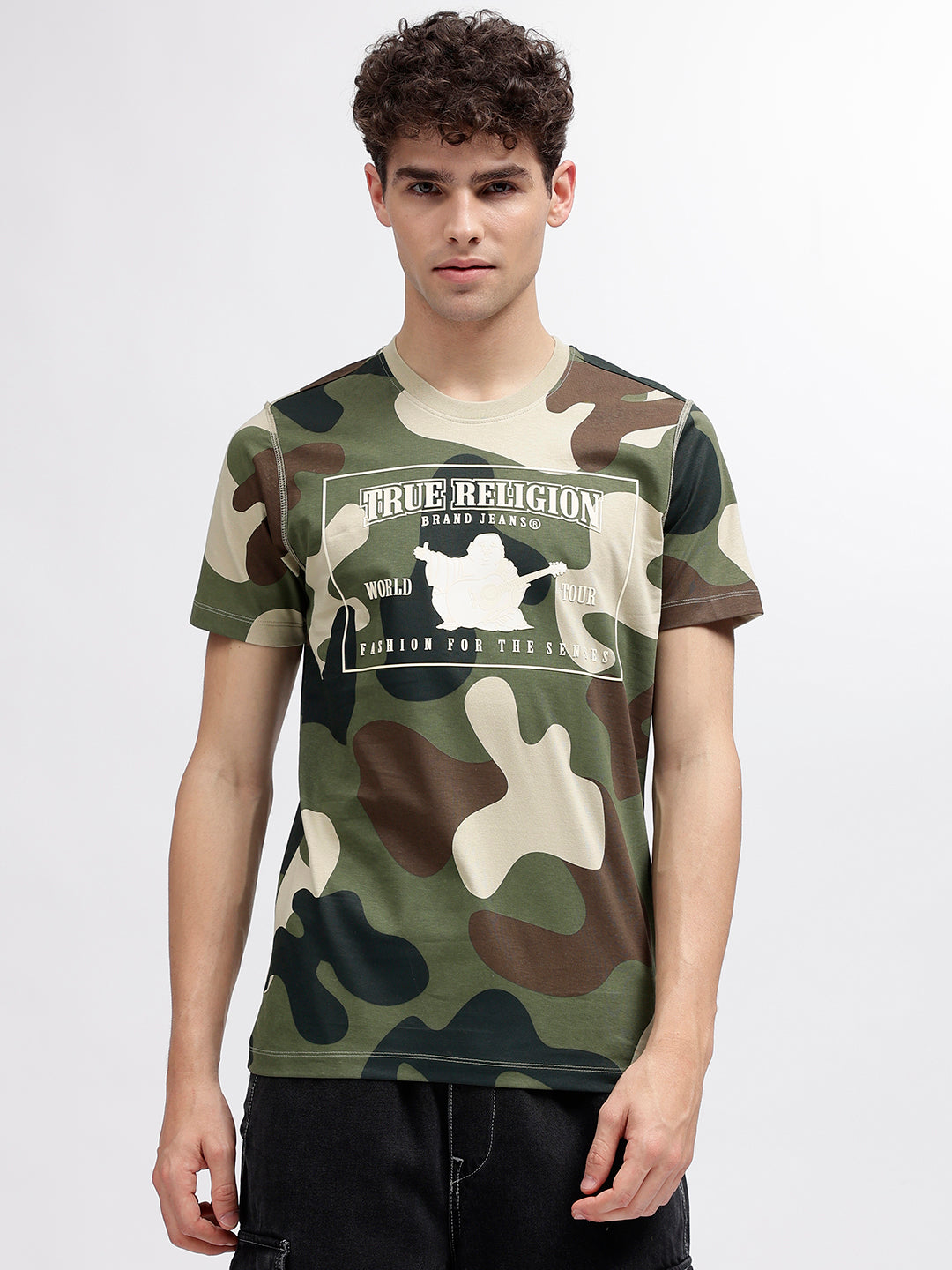 True Religion Men Green Printed Round Neck Short Sleeves T-Shirt