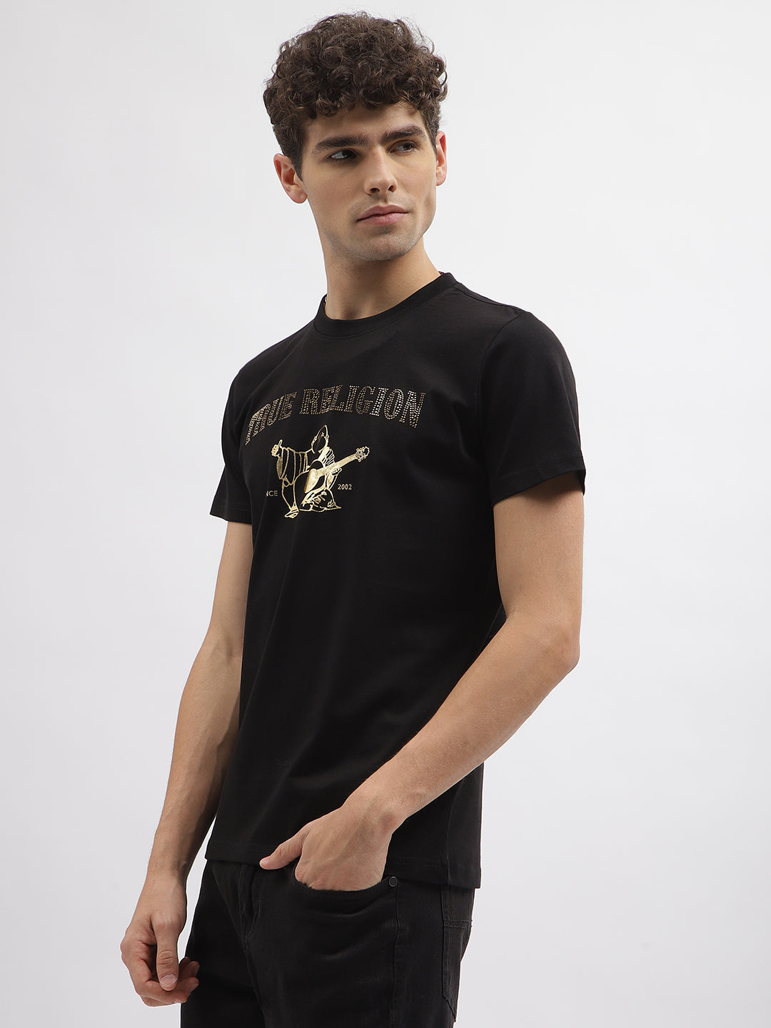 True Religion Men Black Printed Round Neck Short Sleeves T-Shirt