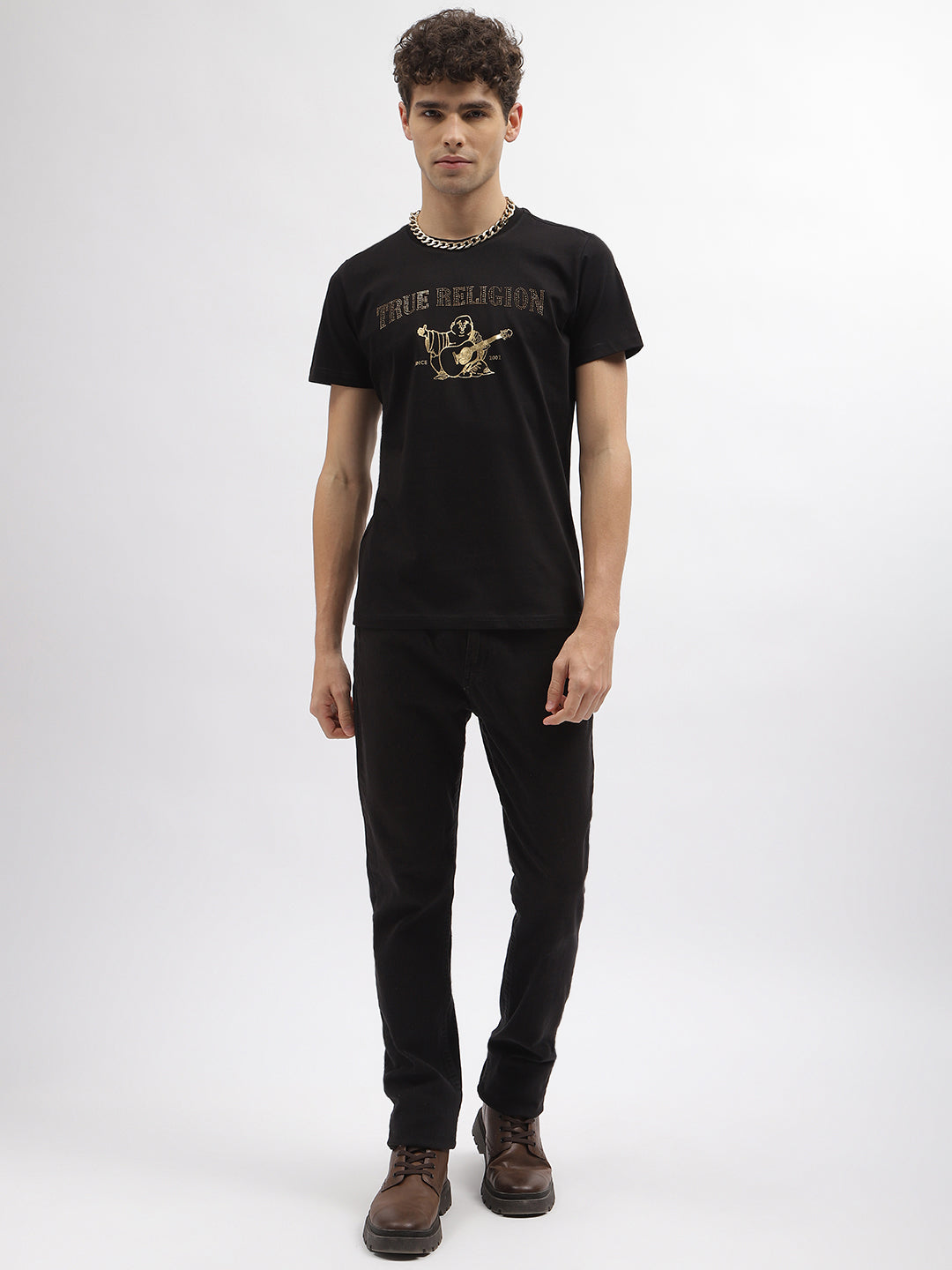 True Religion Men Black Printed Round Neck Short Sleeves T-Shirt