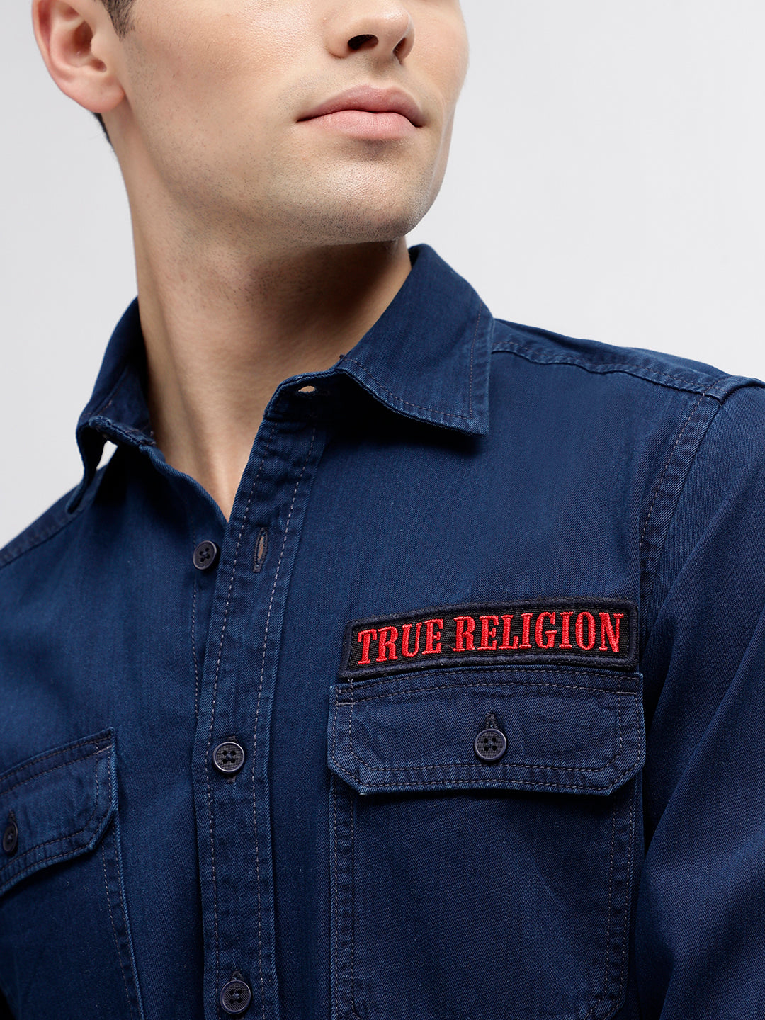 True Religion Men Blue Printed Spread Collar Full Sleeves Shirt