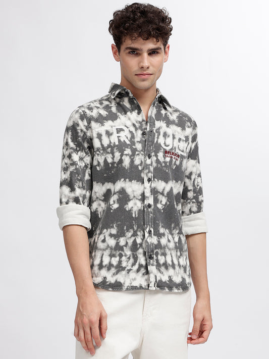 True Religion Men Grey Printed Spread Collar Full Sleeves Shirt