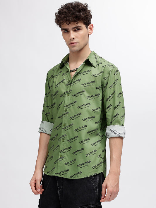True Religion Men Green Printed Spread Collar Full Sleeves Shirt