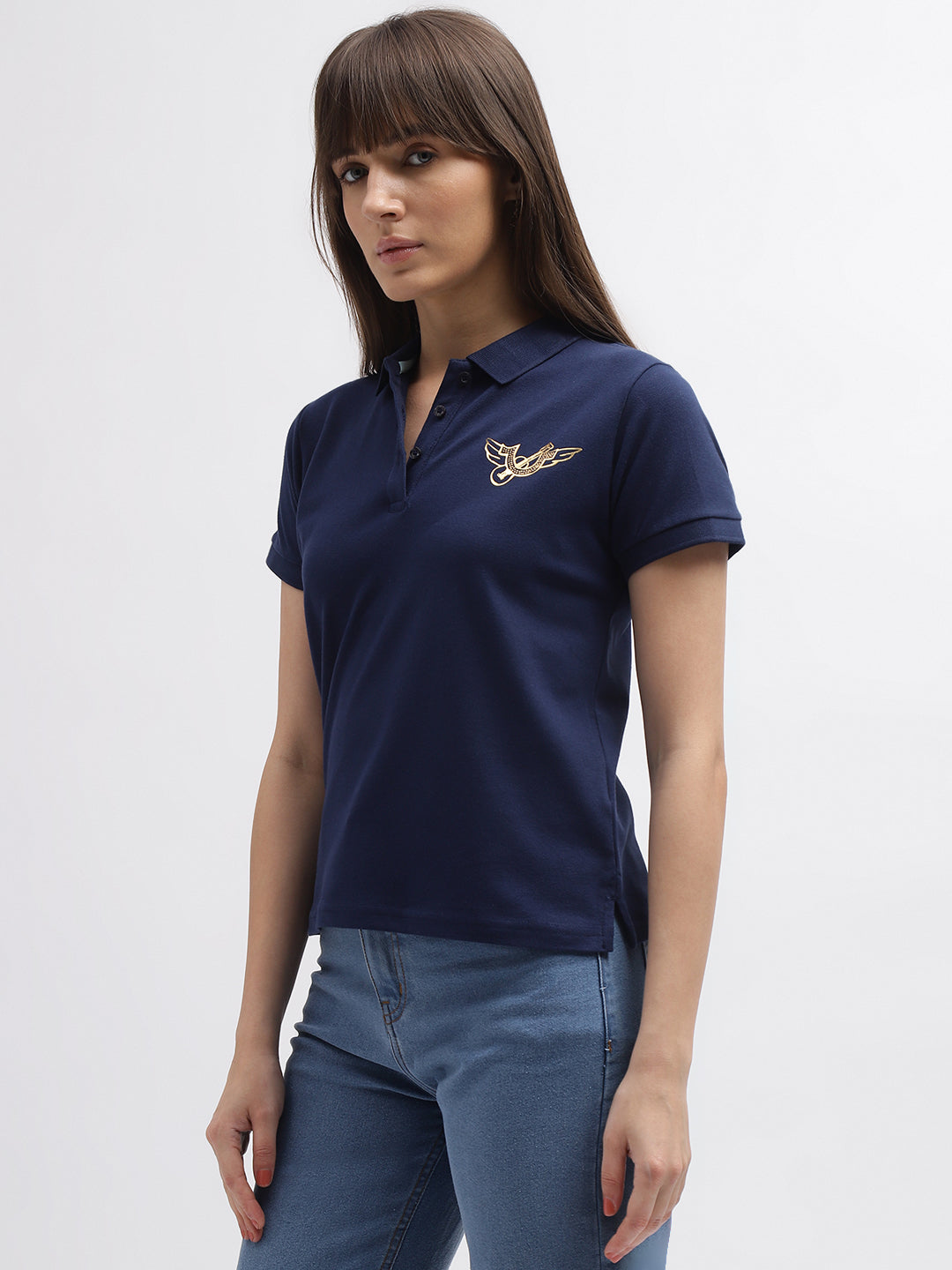 True Religion Women Blue Printed Polo Collar Short Sleeves T-Shirt