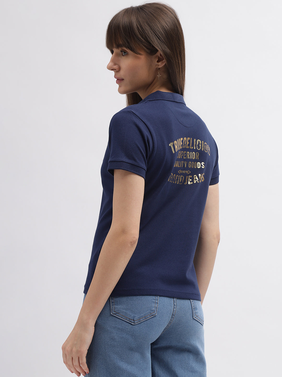 True Religion Women Blue Printed Polo Collar Short Sleeves T-Shirt