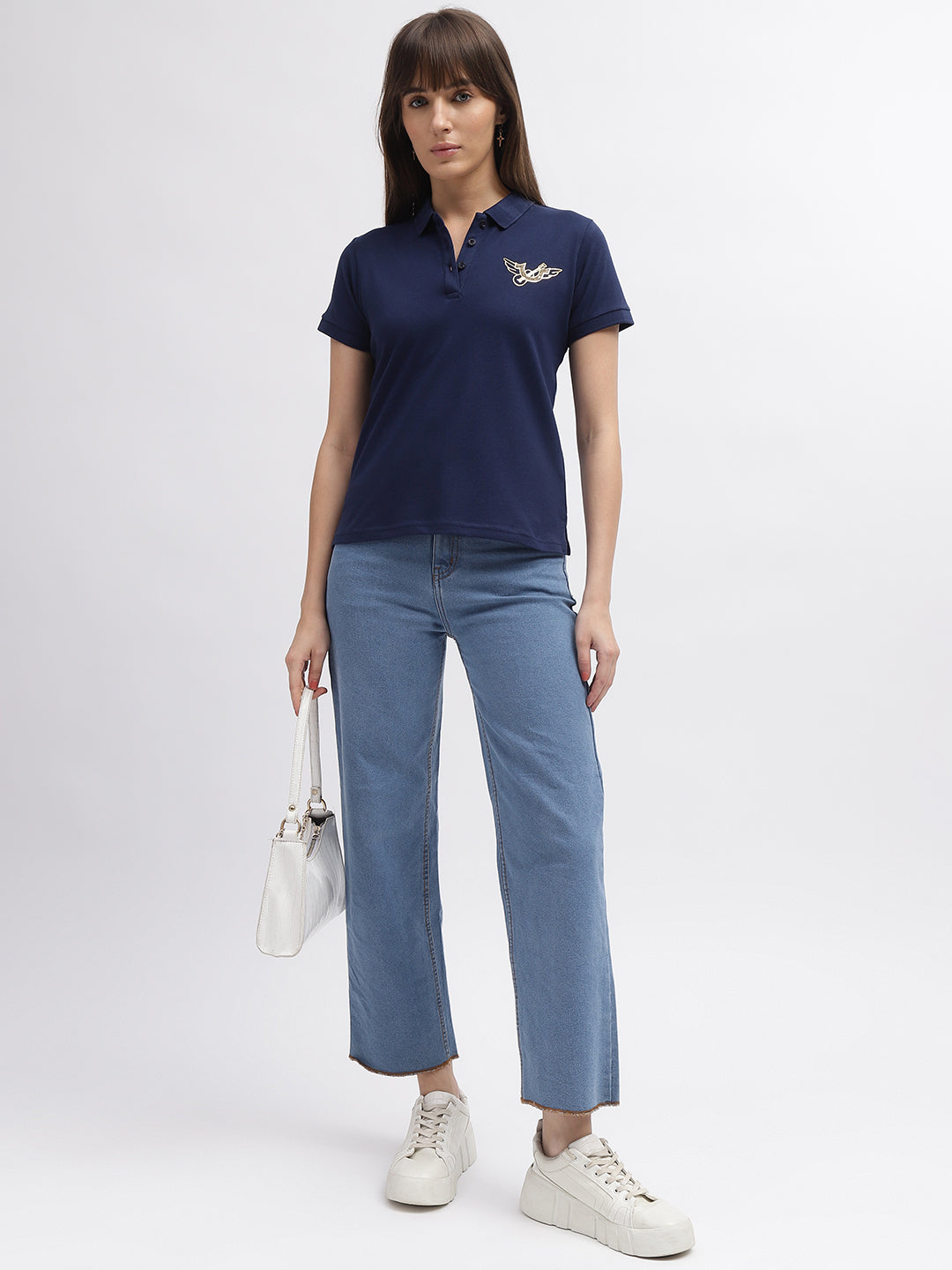 True Religion Women Blue Printed Polo Collar Short Sleeves T-Shirt