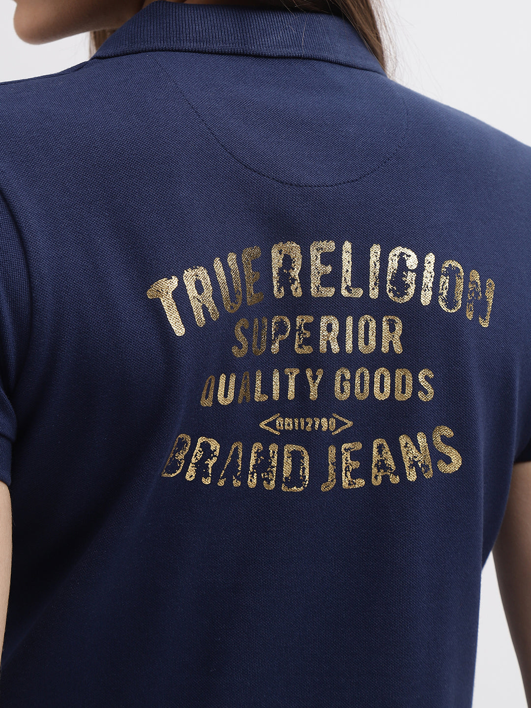 True Religion Women Blue Printed Polo Collar Short Sleeves T-Shirt