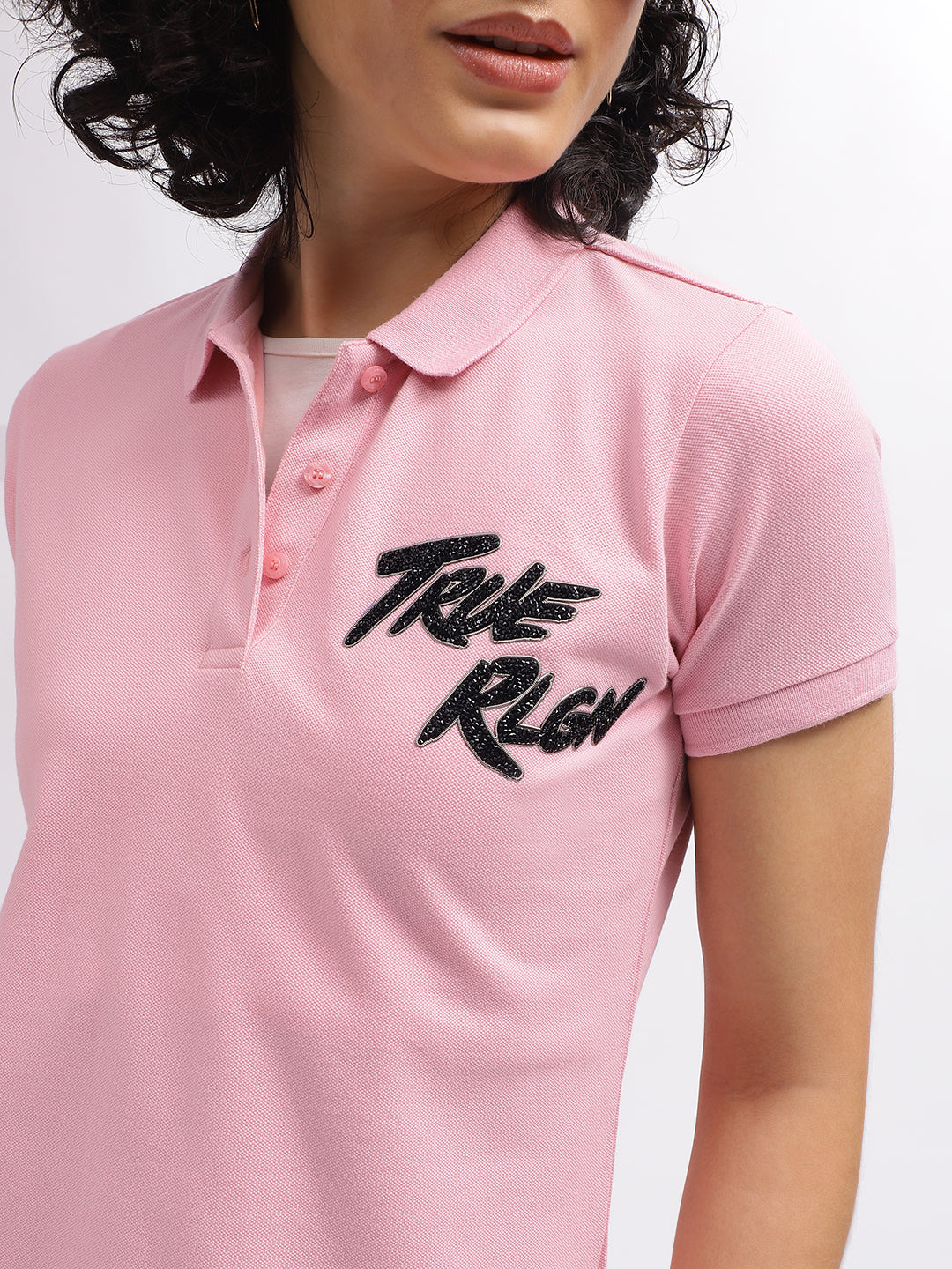 True Religion Women Pink Solid Polo Collar Short Sleeves T-Shirt