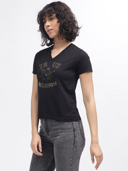 True Religion Women Black Printed V-Neck Short Sleeves T-Shirt