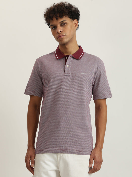 Gant Men Wine Red Self Design Collared Short Sleeves Polo Tshirt