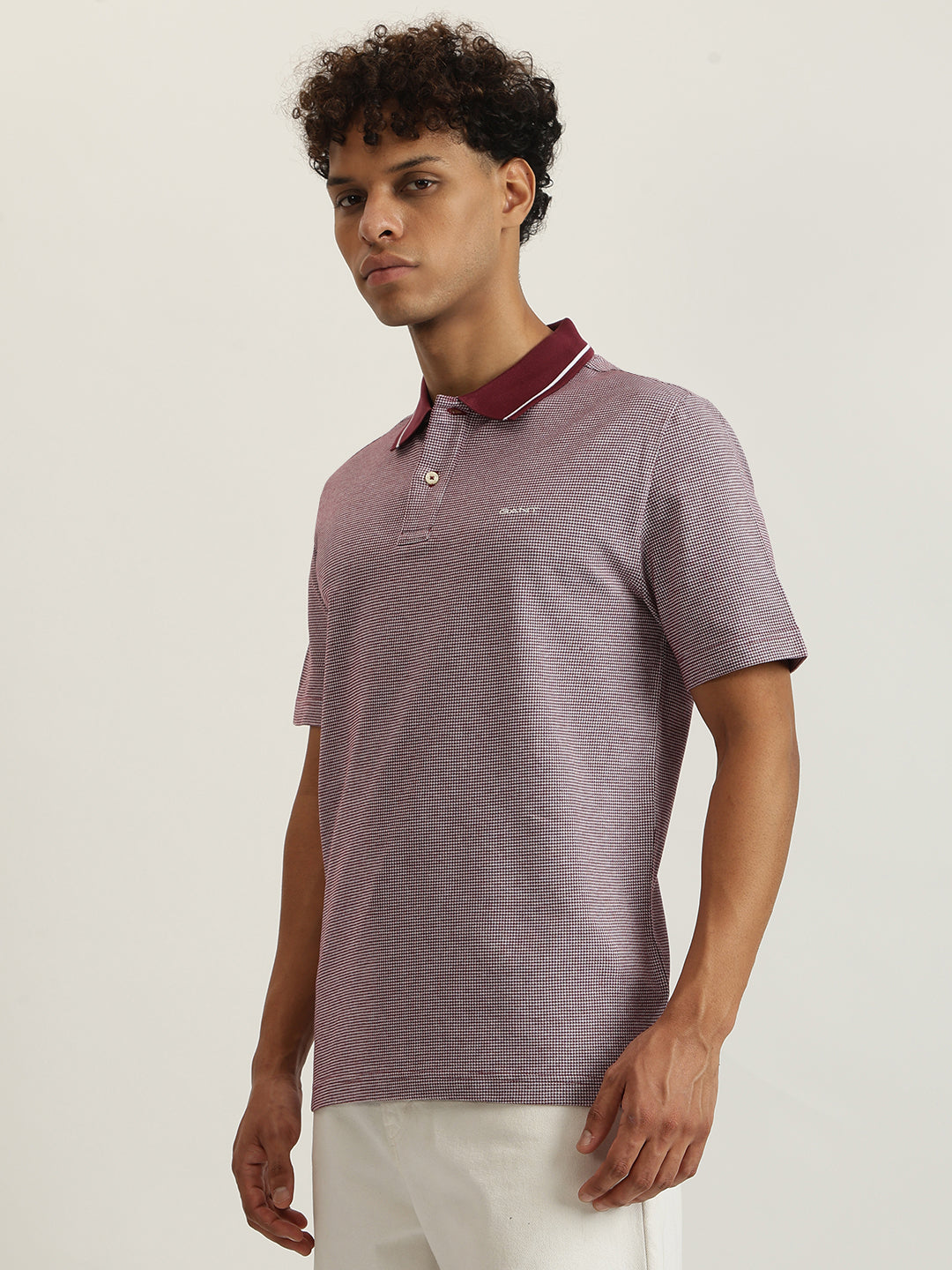 Gant Men Wine Red Self Design Collared Short Sleeves Polo Tshirt