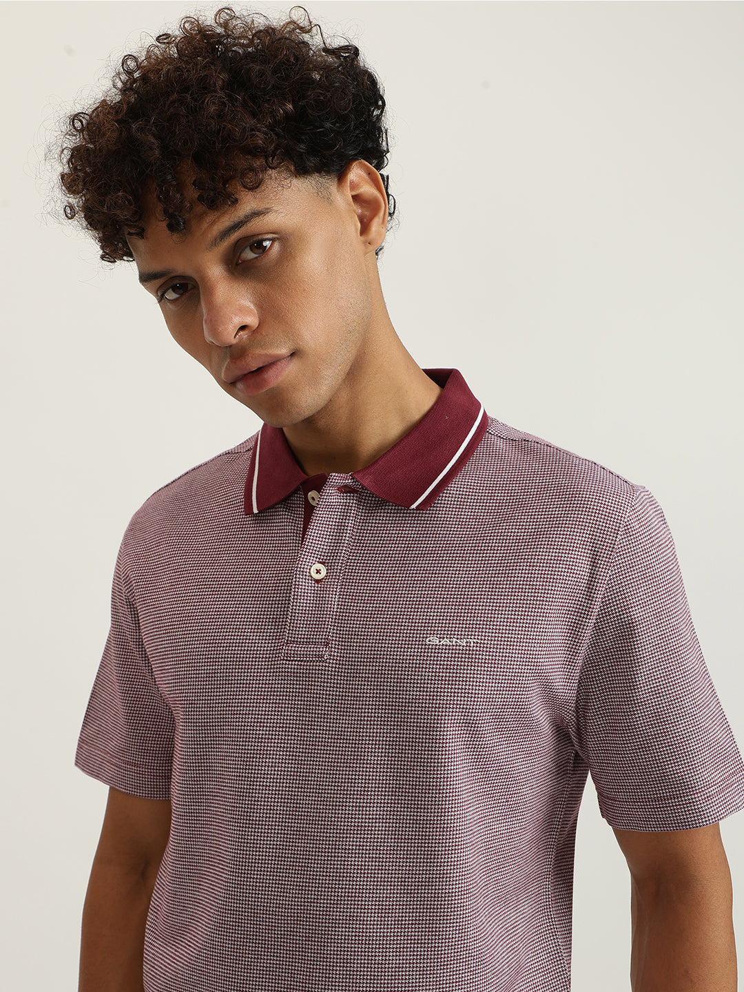 Gant Men Wine Red Self Design Collared Short Sleeves Polo Tshirt