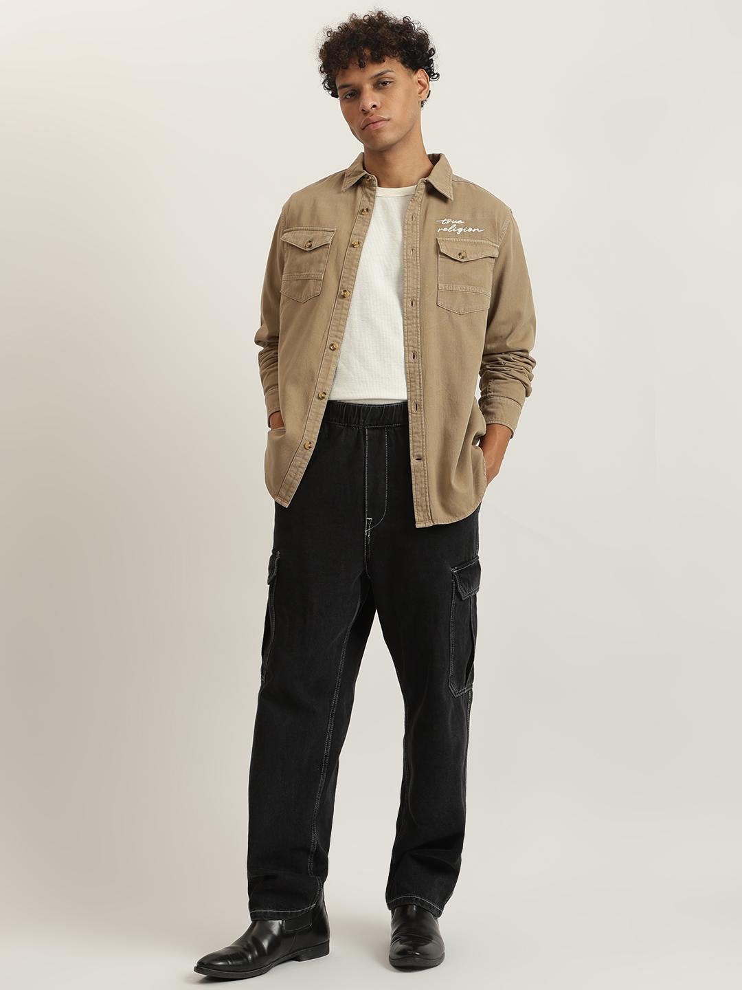 True Religion Men Beige Embroidered Spread Collar Full Sleeves Shirt