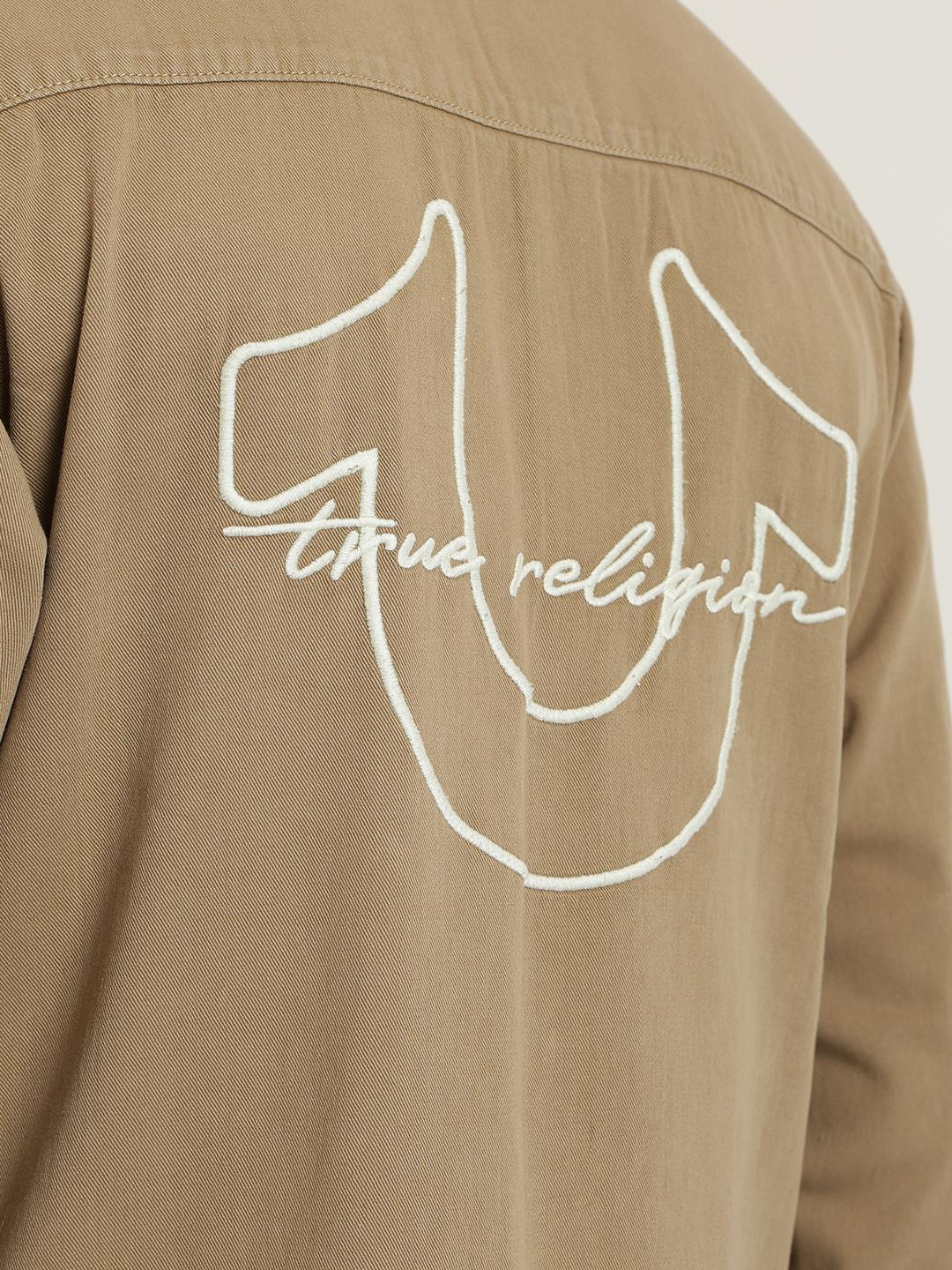 True Religion Men Beige Embroidered Spread Collar Full Sleeves Shirt