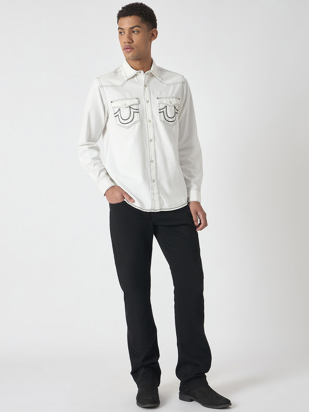 True Religion Men White Solid Spread Collar Full Sleeves Shirt