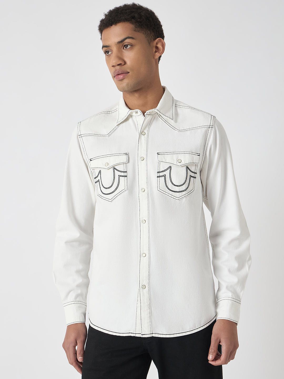 True Religion Men White Solid Spread Collar Full Sleeves Shirt