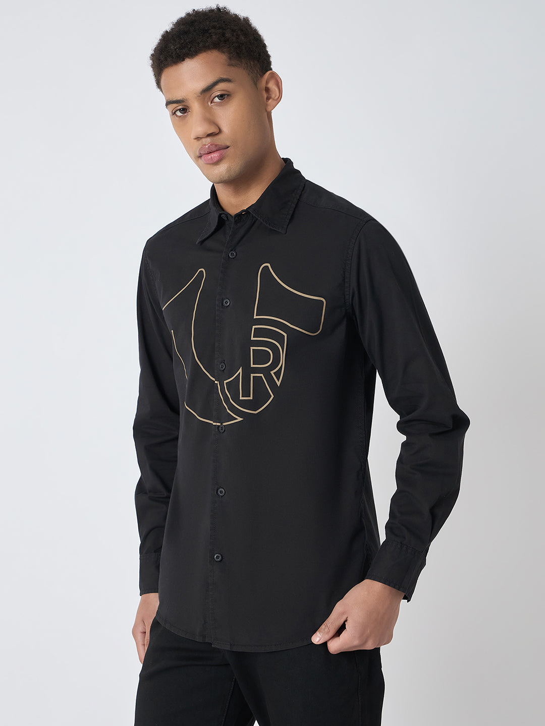 True Religion Men Black Printed Spread Collar Full Sleeves Shirt