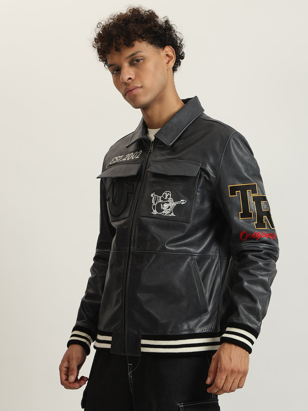 Shop True Religion Men Navy Embellished Spread Collar Full Sleeves