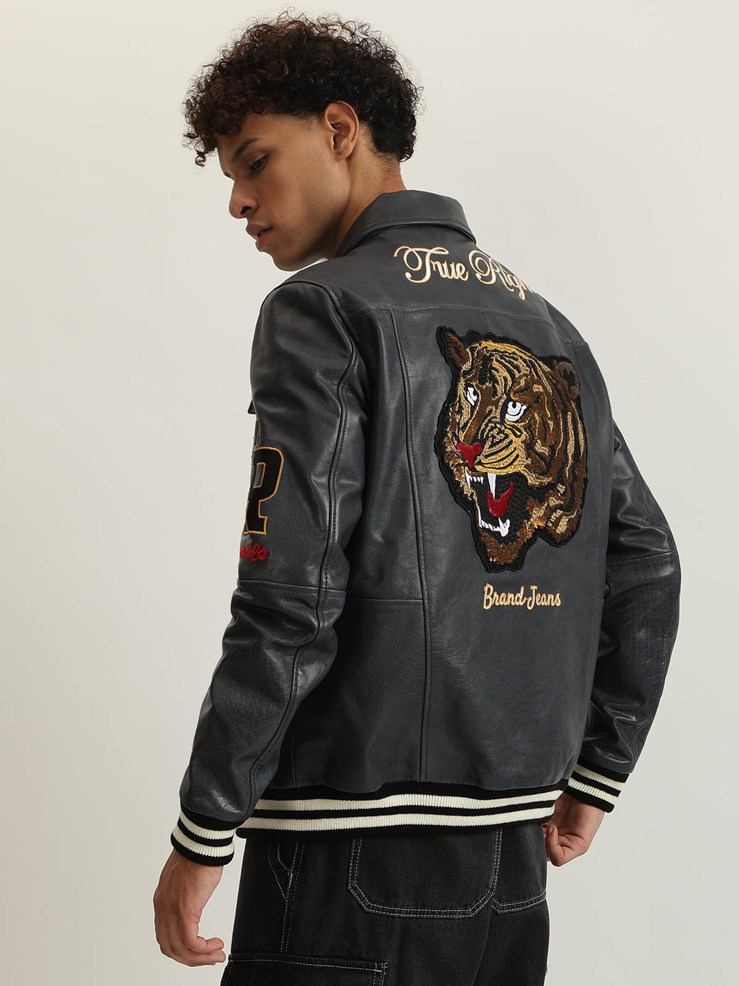 Shop True Religion Men Navy Embellished Spread Collar Full Sleeves