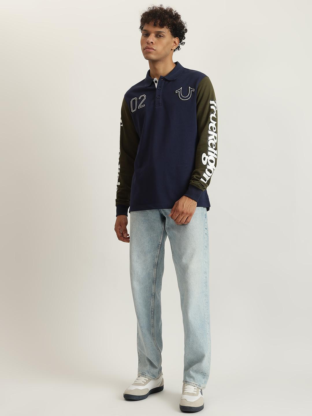 True Religion Men Color-Blocked Polo Collar Full Sleeves T-Shirt