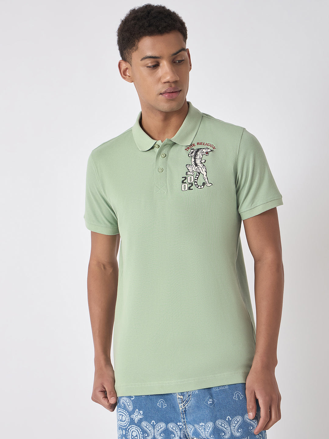 True Religion Men Green Solid Polo Collar Short Sleeves Polo T-Shirt