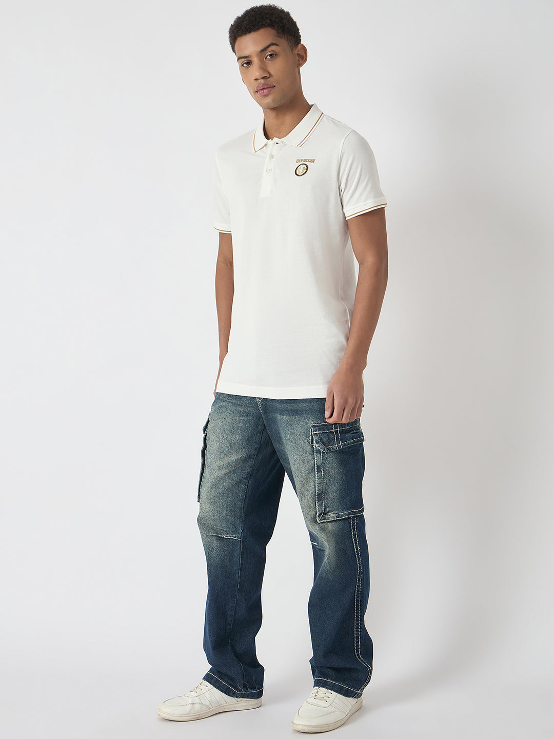 True Religion Men White Solid Polo Collar Short Sleeves Polo T-Shirt