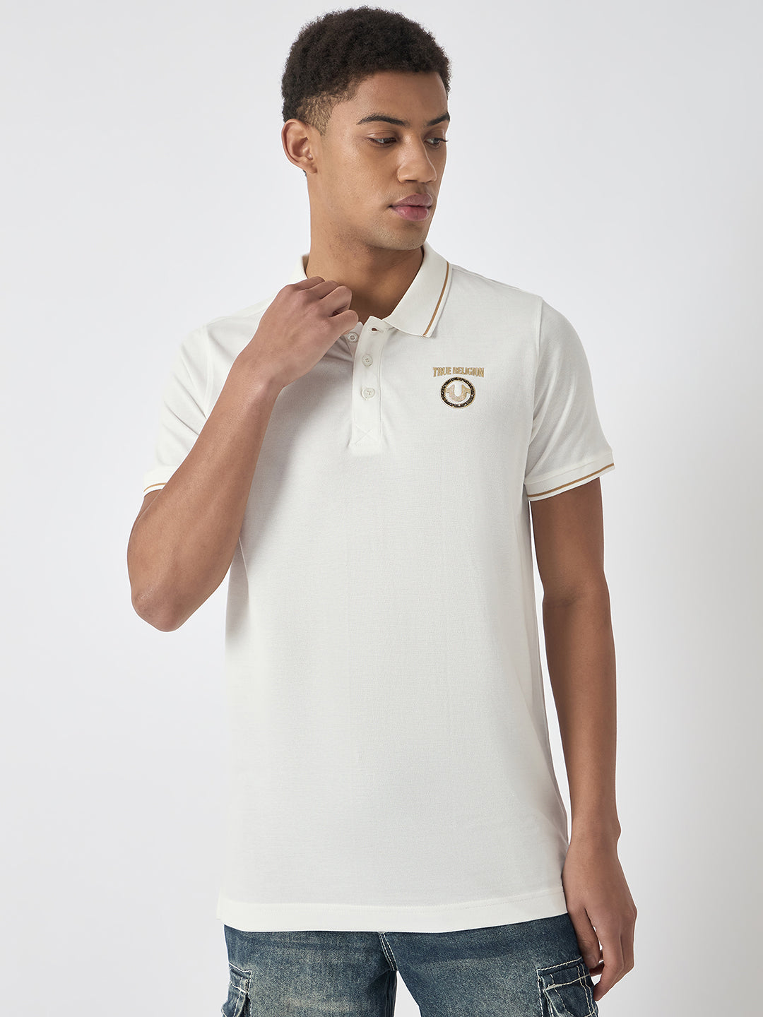 True Religion Men White Solid Polo Collar Short Sleeves Polo T-Shirt