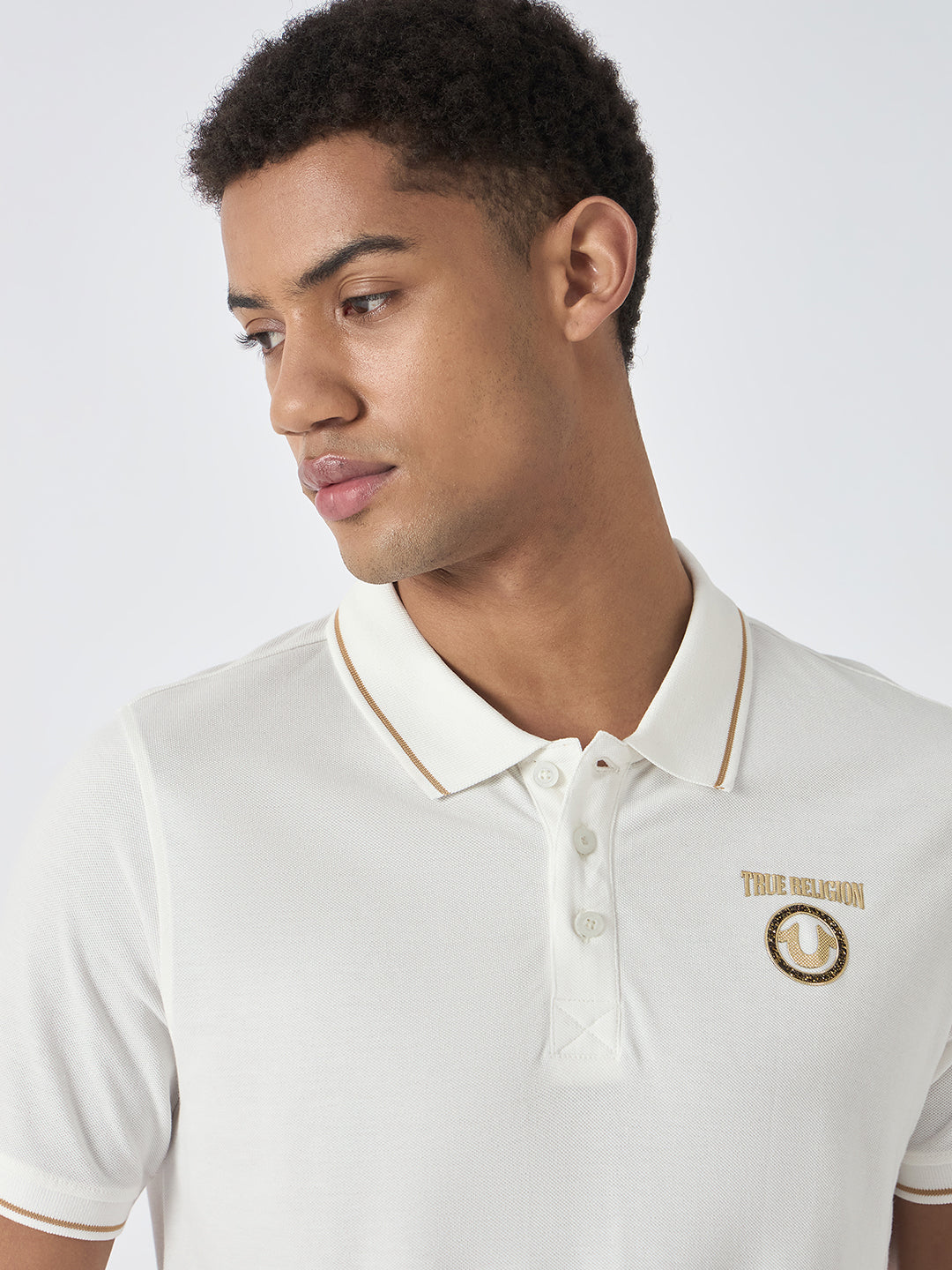 True Religion Men White Solid Polo Collar Short Sleeves Polo T-Shirt