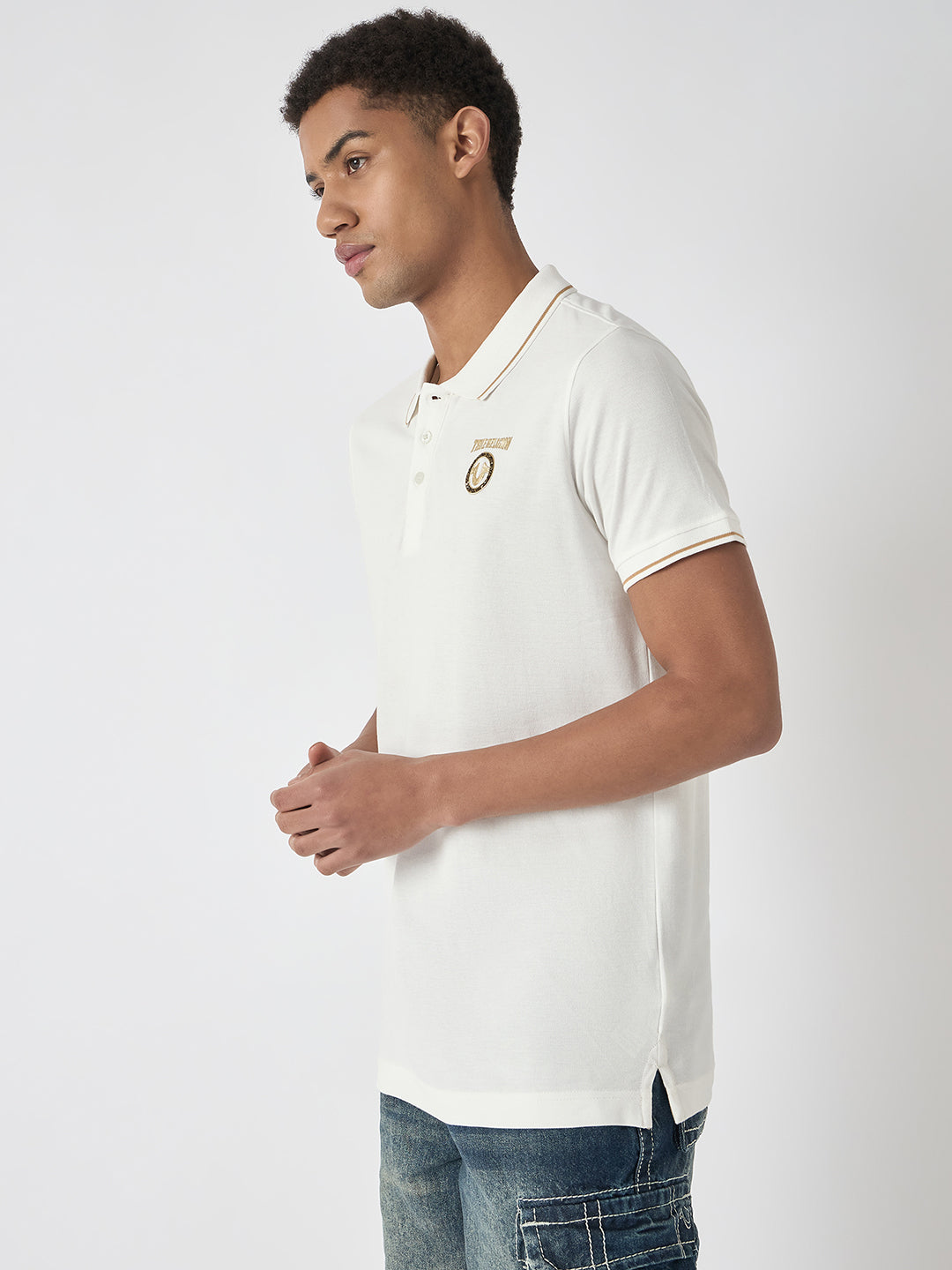 True Religion Men White Solid Polo Collar Short Sleeves Polo T-Shirt