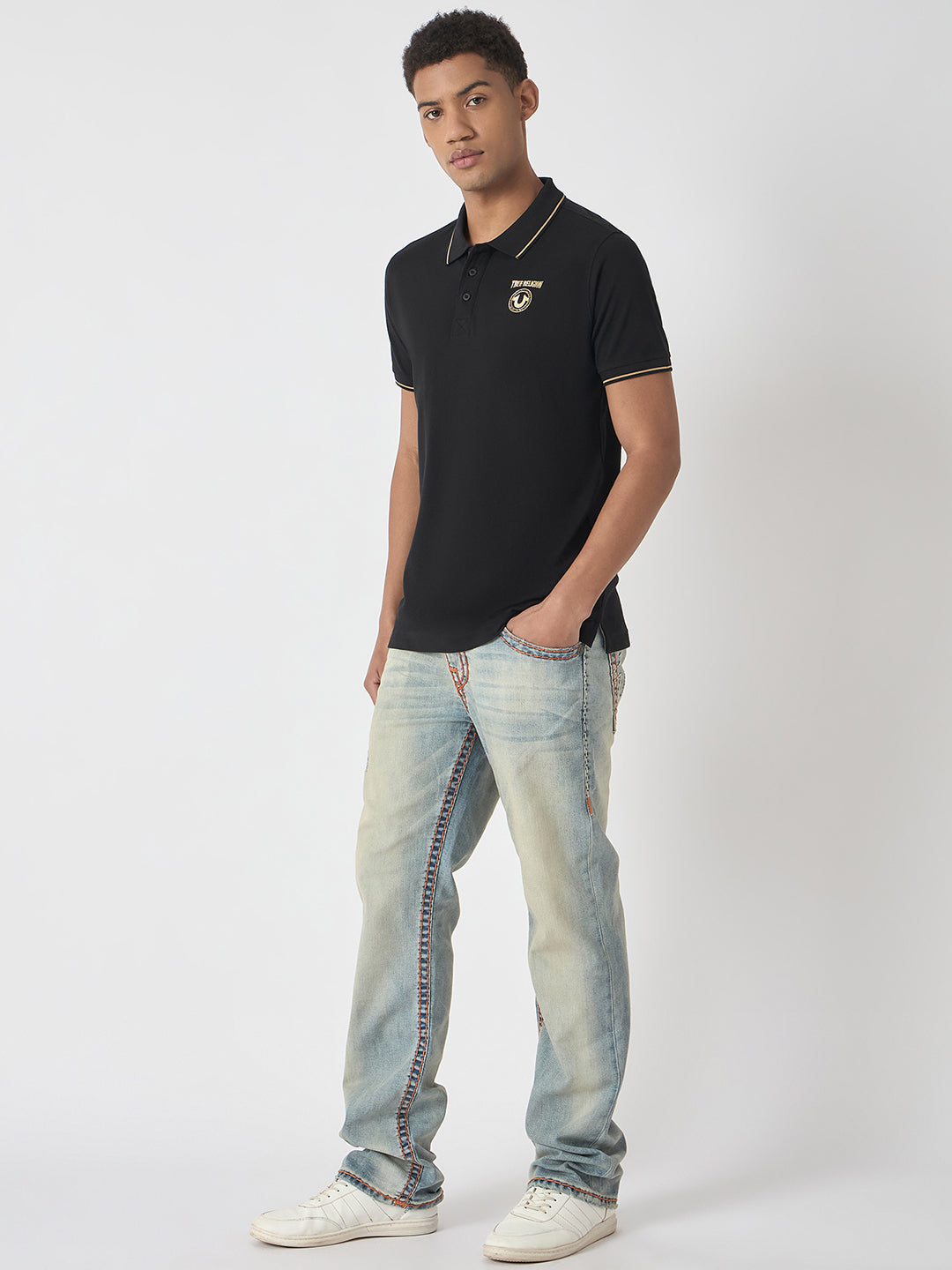 True Religion Men Black Solid Polo Collar Short Sleeves Polo T-Shirt