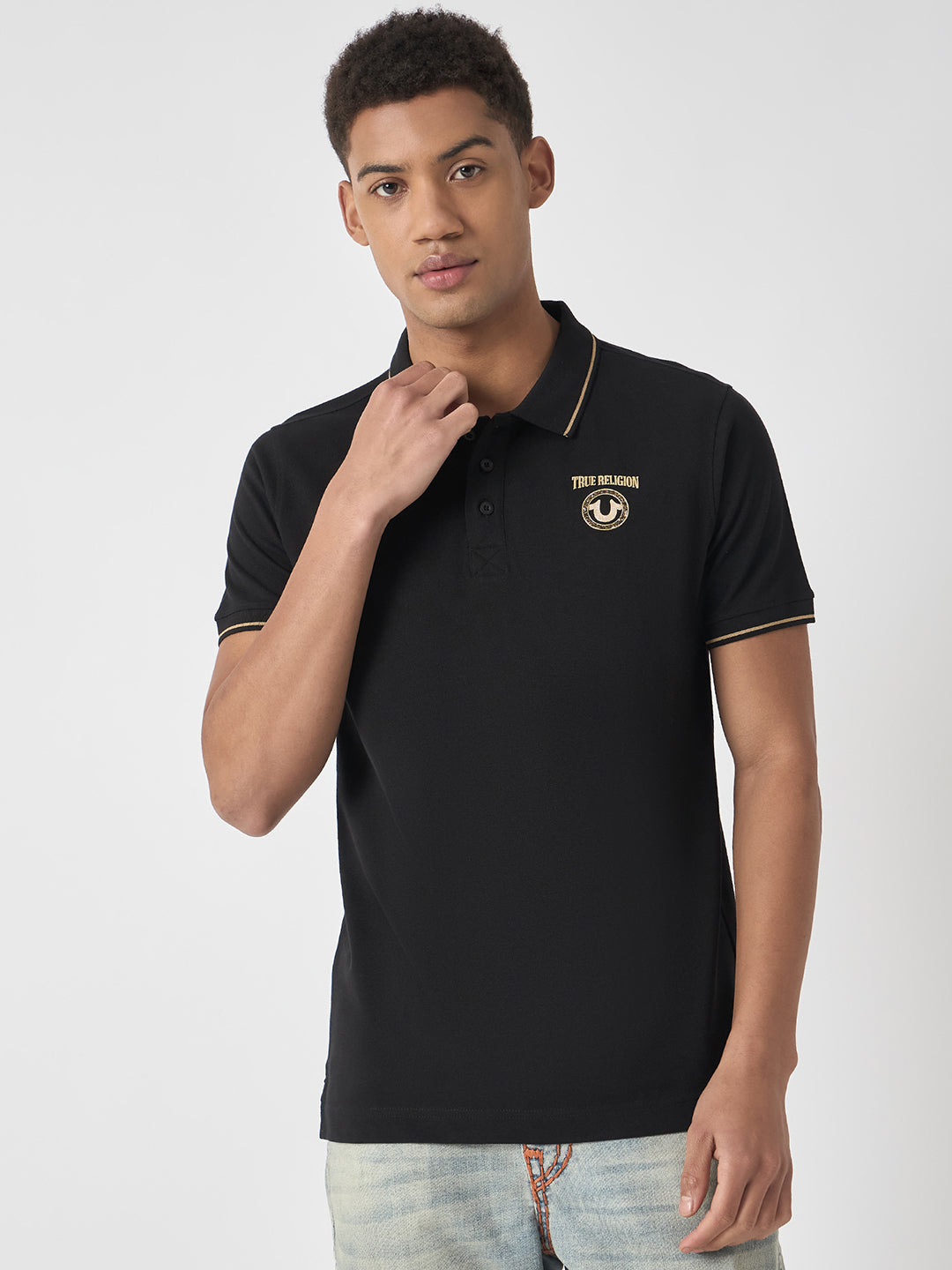 True Religion Men Black Solid Polo Collar Short Sleeves Polo T-Shirt