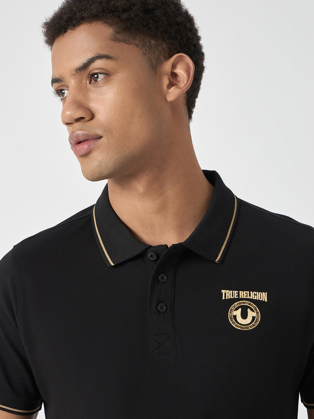 True Religion Men Black Solid Polo Collar Short Sleeves Polo T-Shirt