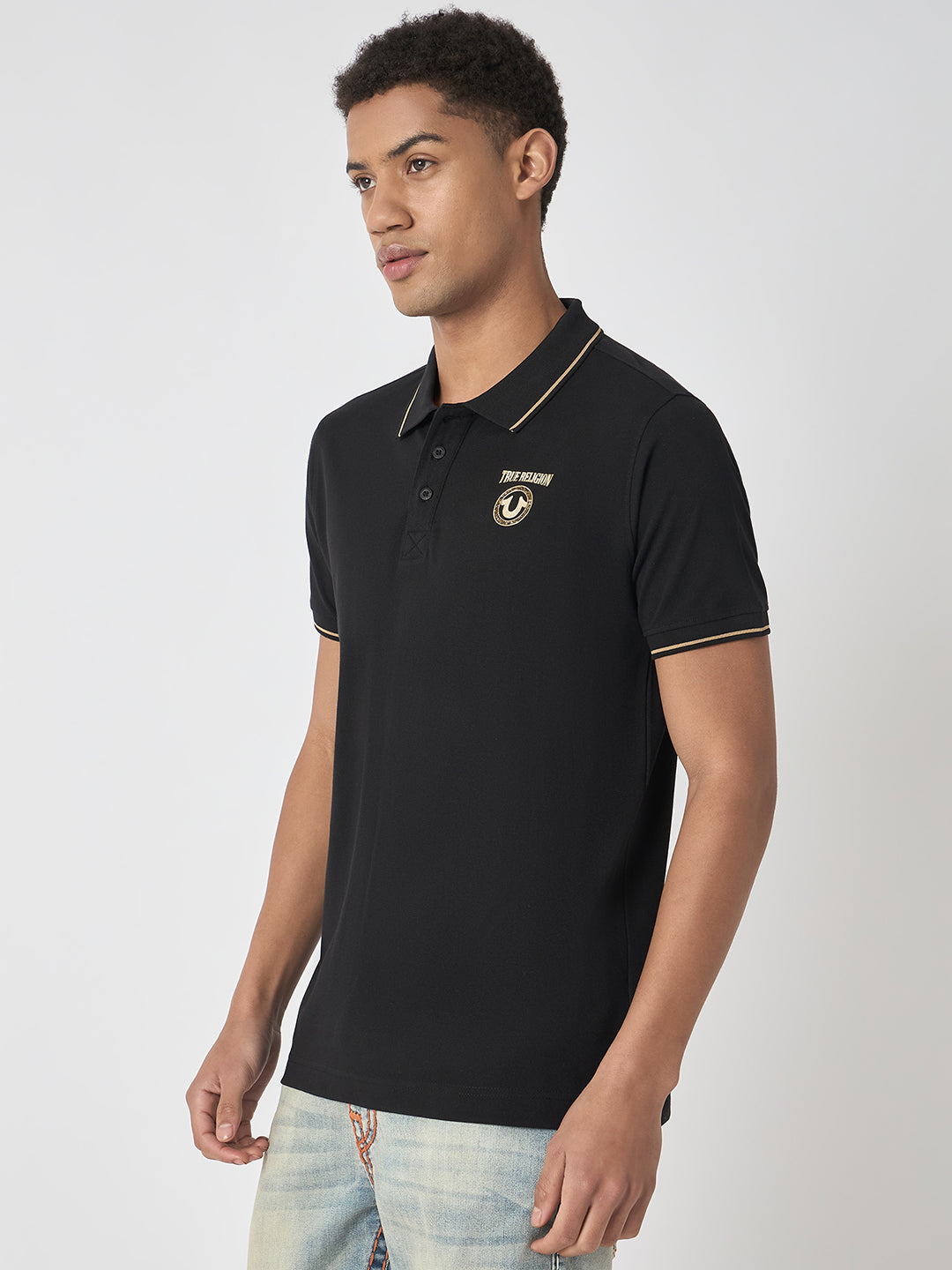 True Religion Men Black Solid Polo Collar Short Sleeves Polo T-Shirt