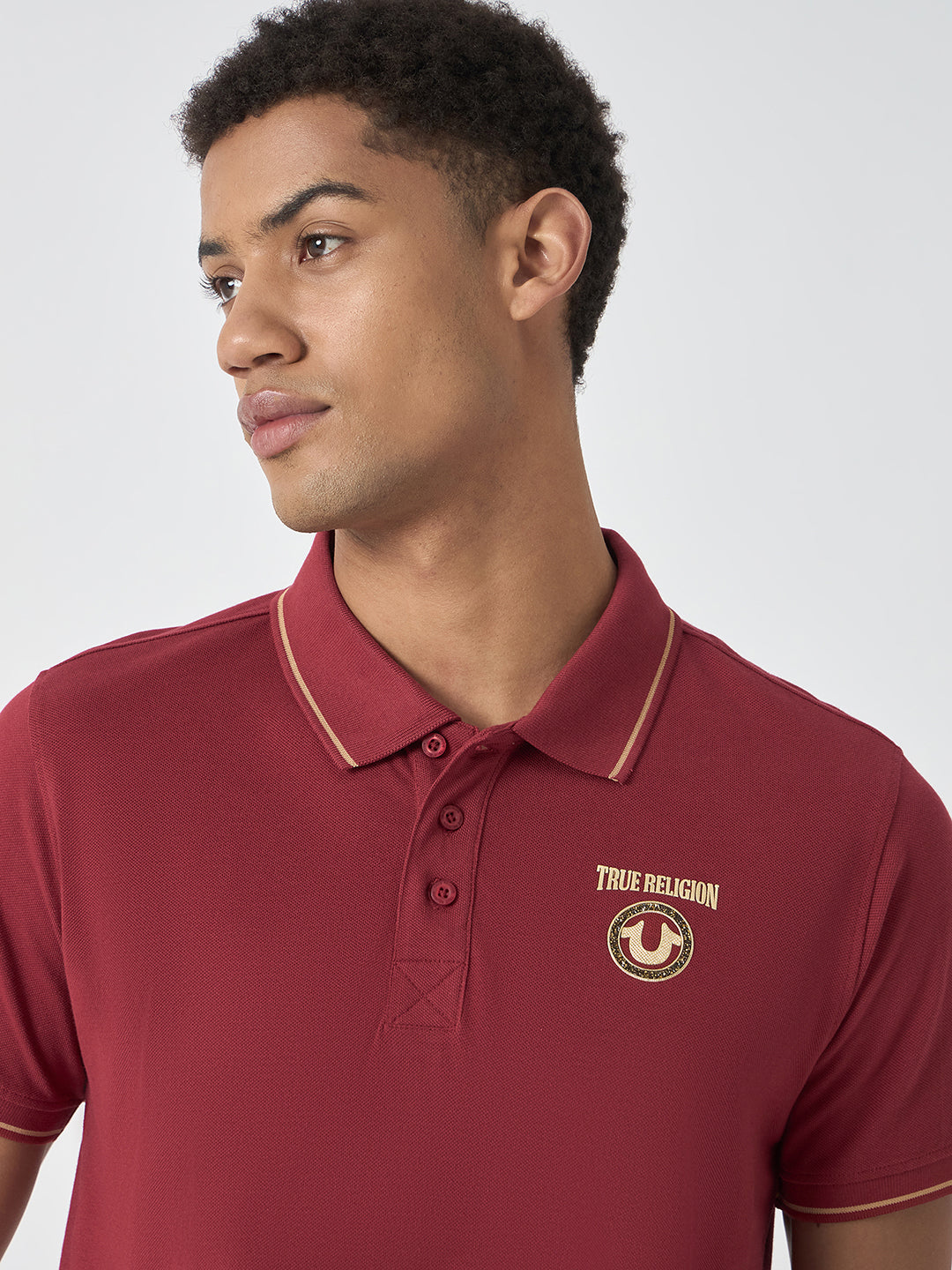 True Religion Men Red Solid Polo Collar Short Sleeves Polo T-Shirt